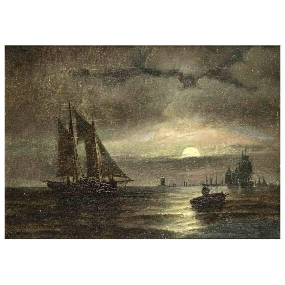 Carl Ludwig Bille (1815-1898), Dan: Carl Ludwig Bille (1815-1898), Danish marine painter, small seascape with ships off the coast in the moonlight and lighthouse in the background. Oil on canvas, bottom left signed & dated ''Carl Bille