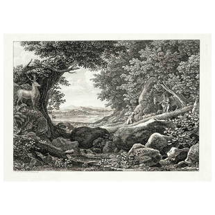 Johann Christian Reinhart (1761-18: Johann Christian Reinhart (1761-1847), Forest Landscape with St. Hubert, etching, inscribed and dated Roma 1810 at lower left in the plate, 20,6 x 27 cm, sheet dimensions 28,5 x 43,5 cm