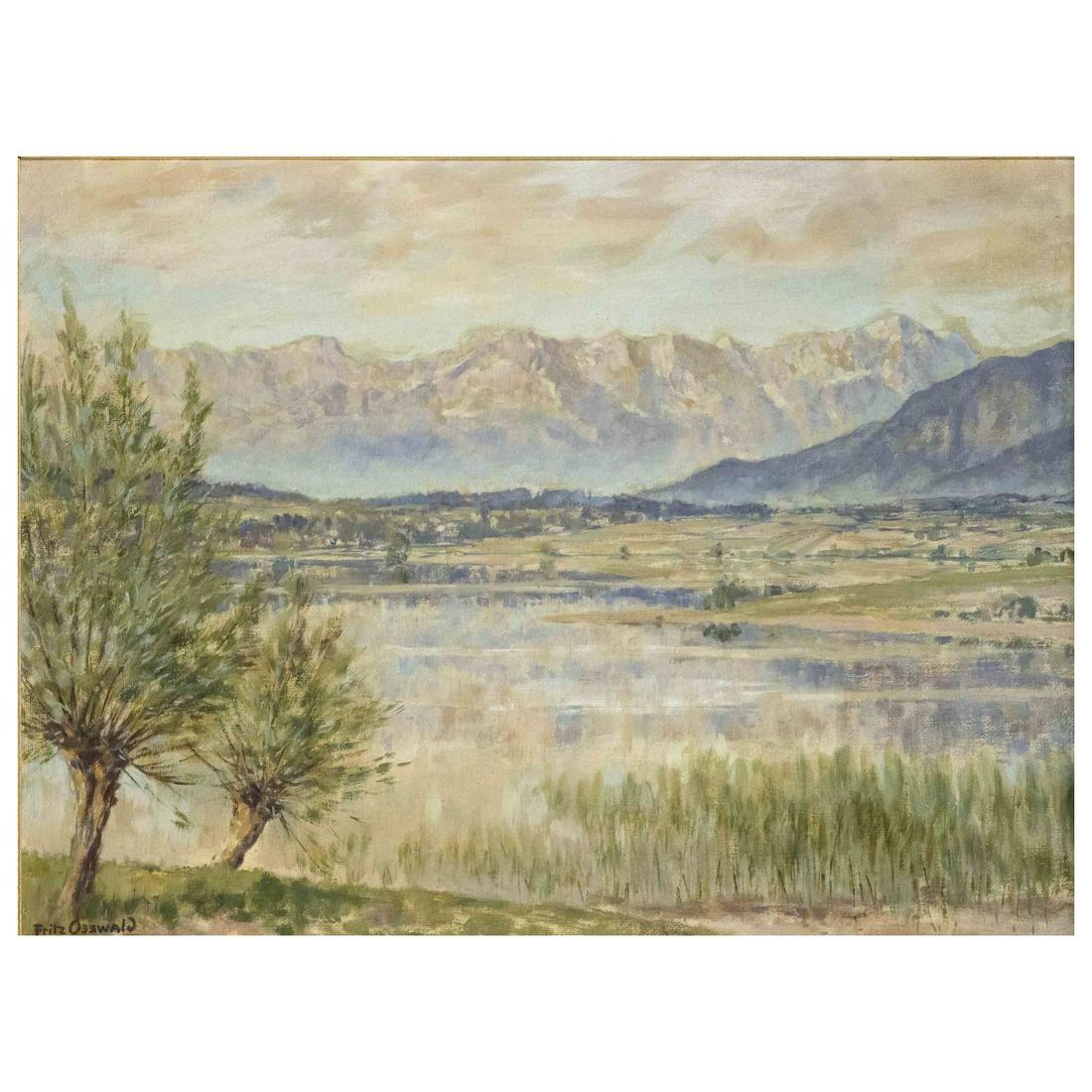 Fritz Osswald (1878-1966), Swiss p: Fritz Osswald (1878-1966), Swiss painter of German Impressionism, ''Riegsee bei Murnau '', oil/plywood panel, signed lower left, artist's stamp on reverse. Artist stamp, 58 x 77.5 cm, framed 70 x 90 c