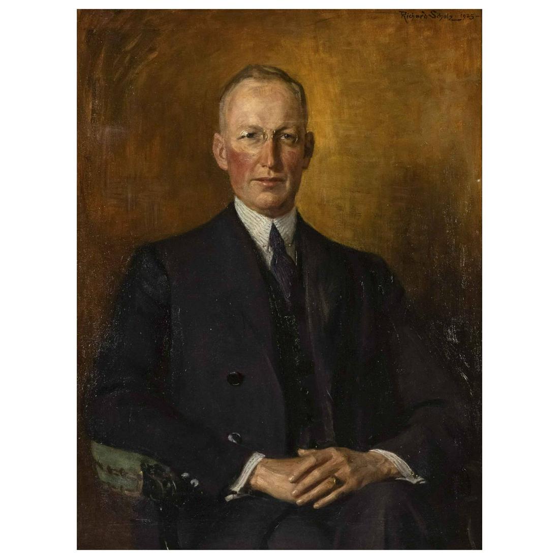 Richard Scholz (1860-1939), Portra: Richard Scholz (1860-1939), Portrait of a man in an armchair, according to the consignor a member of the Berlin merchant family Freudenberg, oil on canvas, signed u. r. dated ''Rich Scholz 1925'', 102