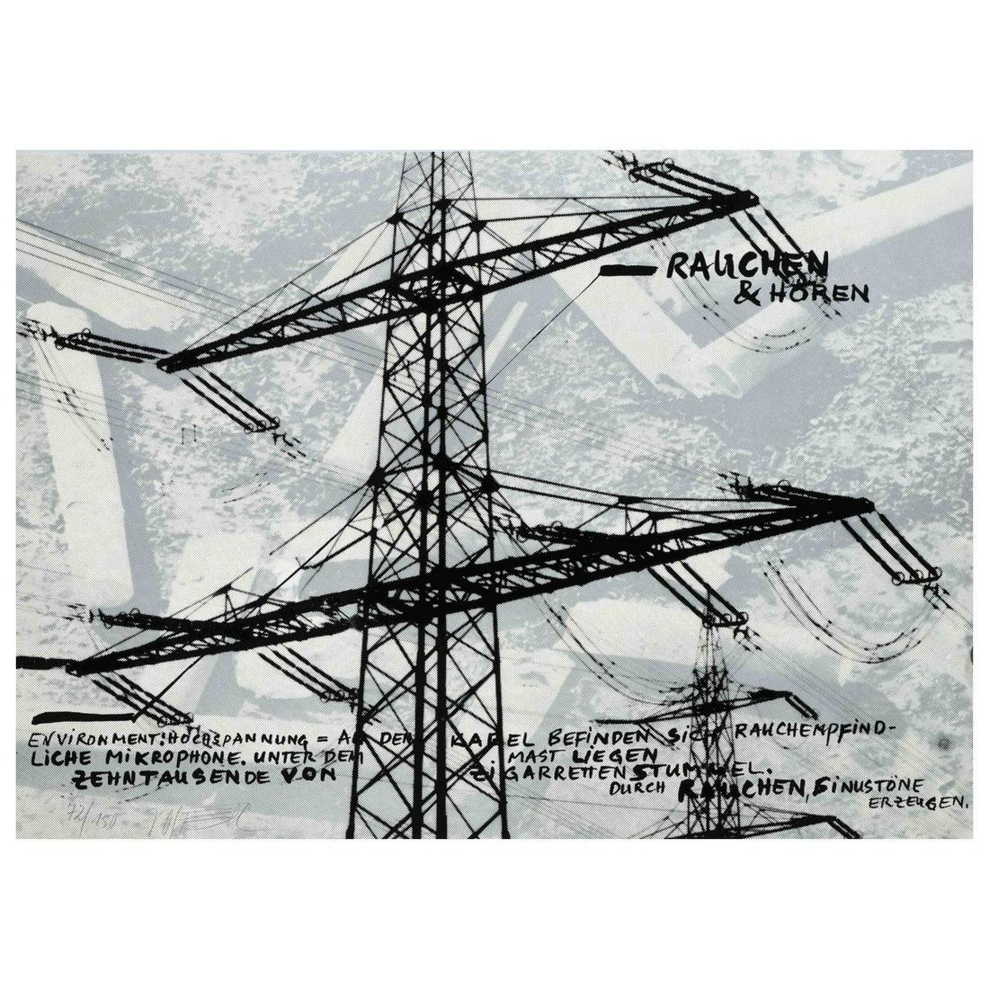 Wolf Vostell (1932-1998), two color: Wolf Vostell (1932-1998), two color serigraphs and offset on light cardboard: ''T.O.T. (Technological Oak Tree)'' and ''Rauchen u. hÃ¶ren'', each signed and num. Ex. of 150, sheet dimensions 69.5 x