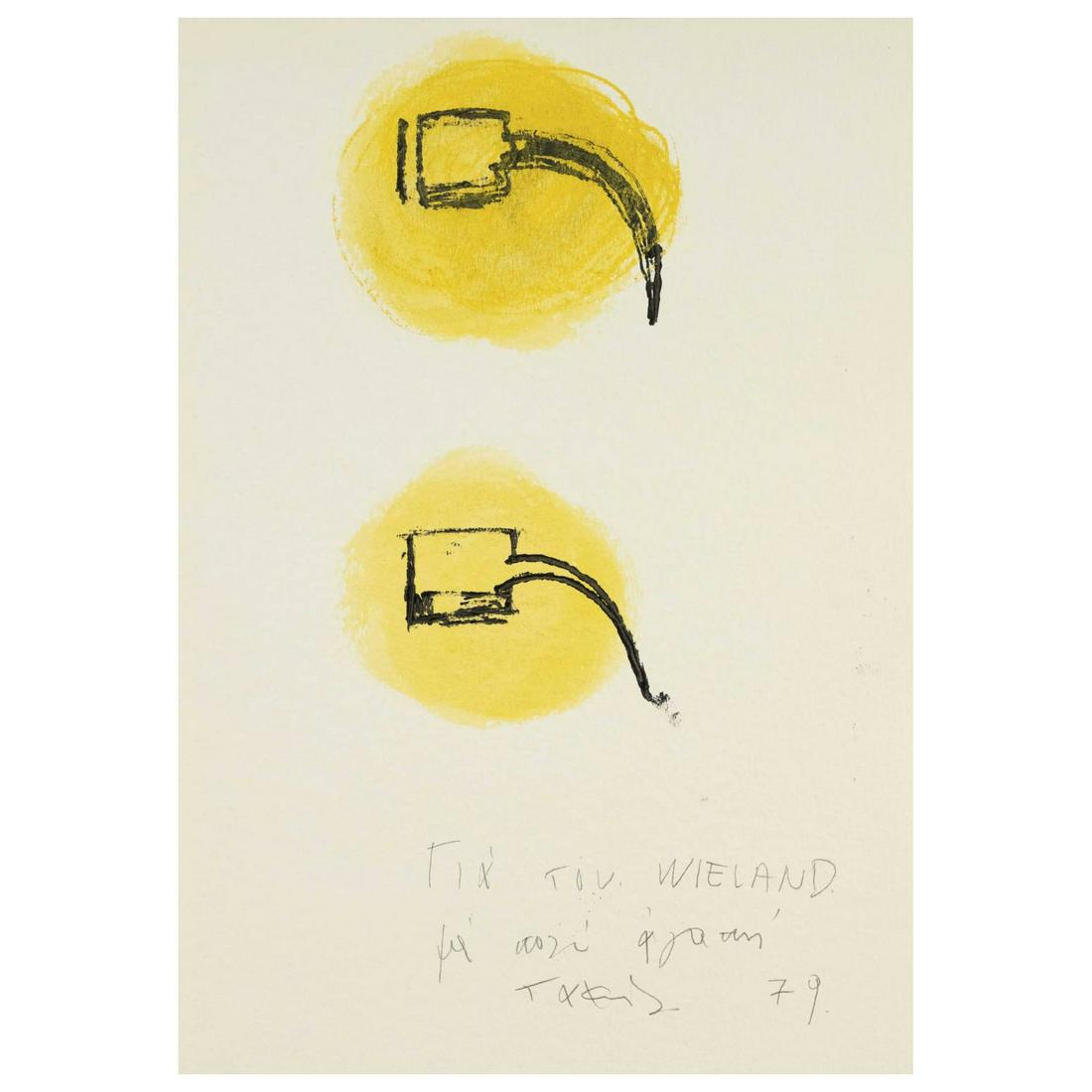 Vassilakis Takis (1925-2019), actua: Vassilakis Takis (1925-2019), actually Panayiotis Vassilakis, was a Greek sculptor and representative of kinetic art. Mixed media with oil pastels and varnish on Schoeller's Aspis cardboard, bottom ri