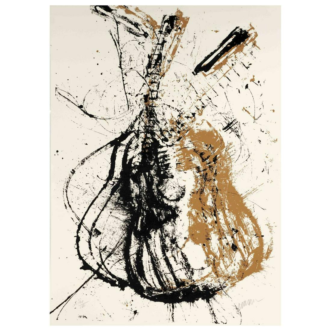 Arman, d.i. Fernandez Arman (1928-2: Arman, d.i. Fernandez Arman (1928-2005), Guitar in black and brown, color serigraph, signed lower right, lower left num. Ex. 108/150, sheet dimensions 105 x 75.5 cm