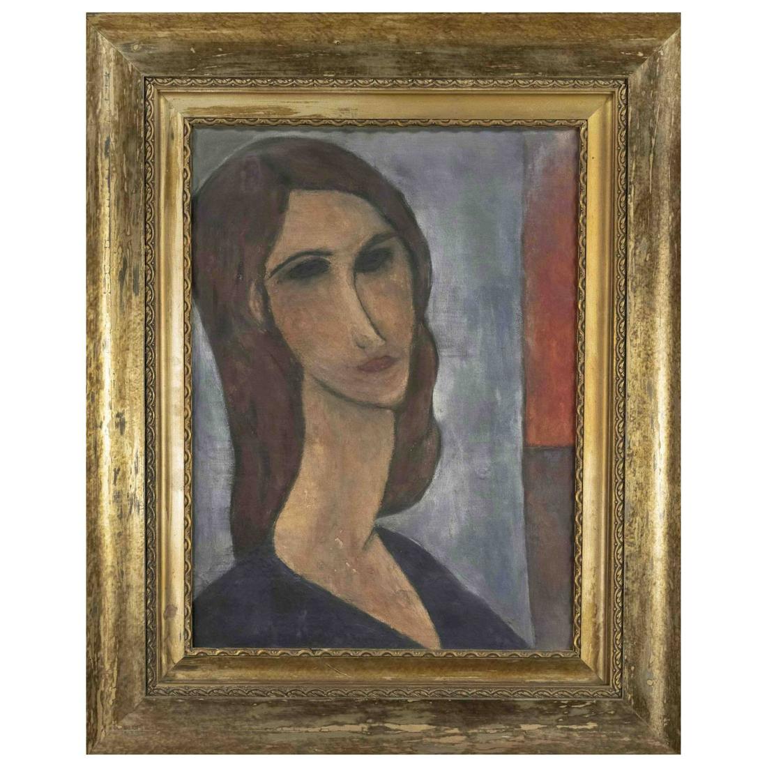 Anonymous copyist after Amedeo Modi: Anonymous copyist after Amedeo Modigliani (1884-1920), 1st half of 20th century, portrait of a woman in front of a blue wall, oil on canvas, unsigned, small paint chips, 50 x 38 cm, framed 69 x 57 cm