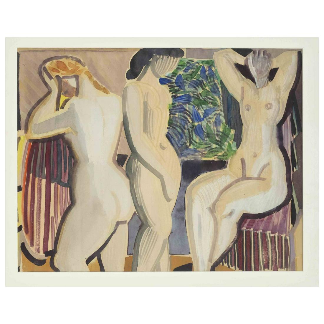 Edvard Frank (1909-1972), German pa: Edvard Frank (1909-1972), German painter of the ''Lost Generation'', co-founder of the Palatine Secession, 1946 member of the New Darmstadt Secession. Three female nudes, watercolor on paper, unsigned