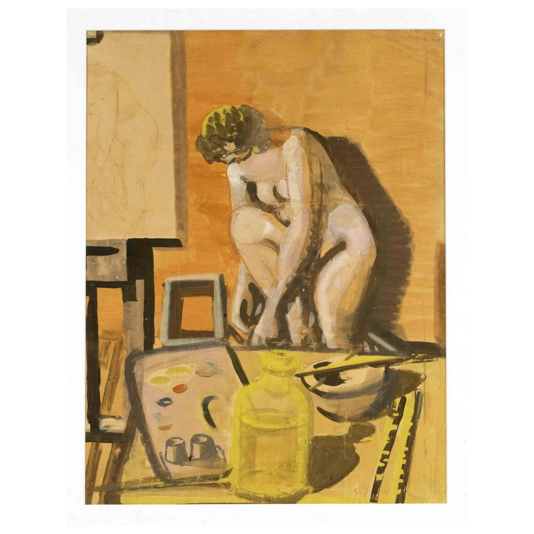 Edvard Frank (1909-1972), German pa: Edvard Frank (1909-1972), German painter of the ''Lost Generation'', co-founder of the Palatine Secession, 1946 member of the New Darmstadt Secession. Nude model in studio, watercolor and gouache on p