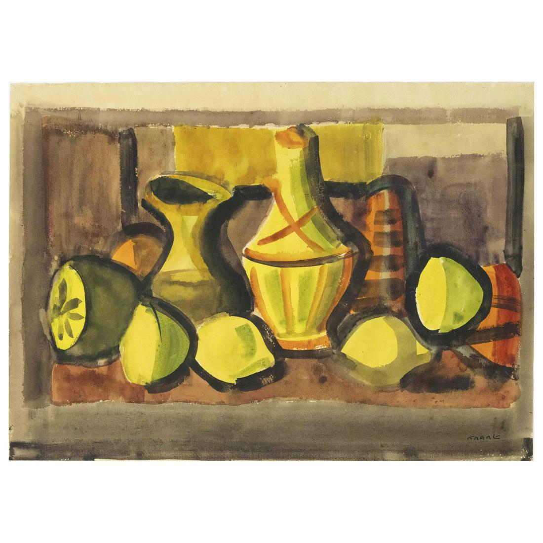 Edvard Frank (1909-1972), German pa: Edvard Frank (1909-1972), German painter of the ''Lost Generation'', co-founder of the Palatine Secession, 1946 member of the New Darmstadt Secession. Still life with jugs and lemons, watercolor and g