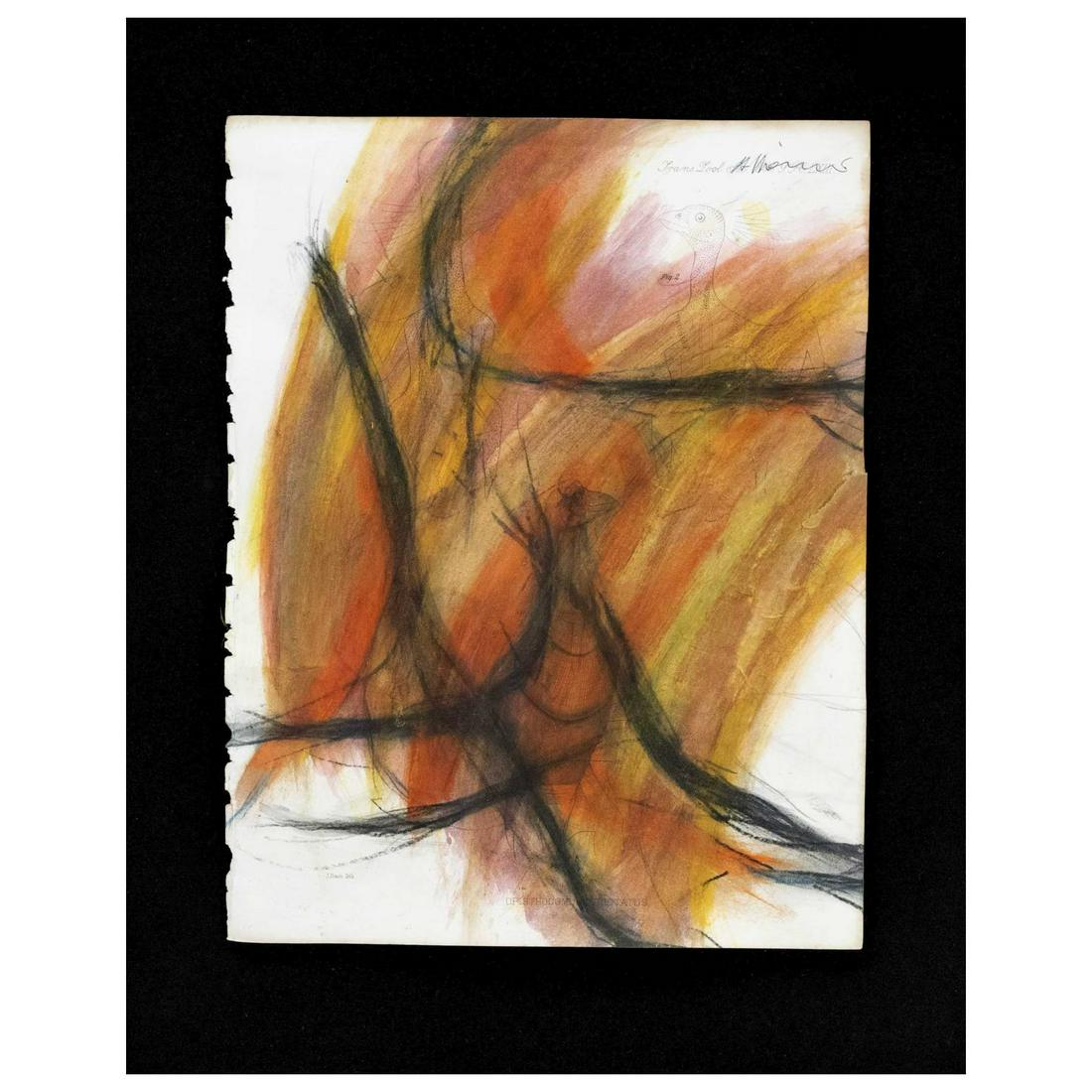 Arnulf Rainer (*1929), overpainting: Arnulf Rainer (*1929), overpainting o.T., oil pastel on a page lithographed by J. Smith from an ornithological work of the 19th century, o. r. handsigned ''A. Rainer'', tear at right margin, 30 x 23 c