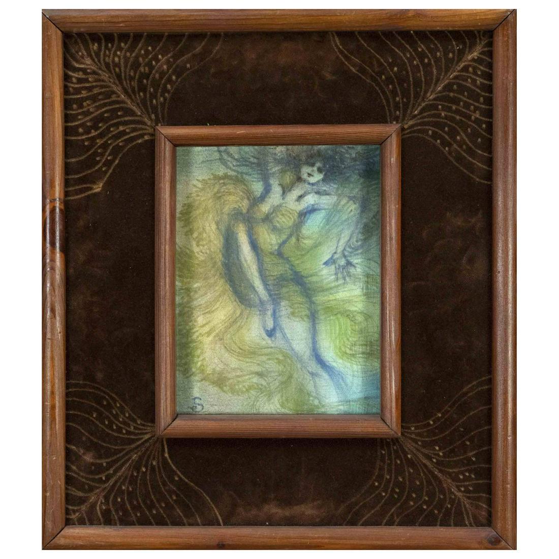 Monogramist S., 1st half 20th centu: Monogramist S., 1st half 20th century, woman with feather dress in lascivious pose, mixed media on green-blue shimmering silk, monogrammed lower left, 20 x 15,5 cm, behind glass in velour covered art 