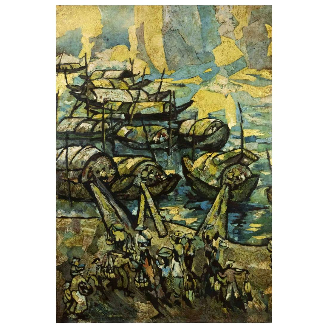 Vietnamese artist late 20th c., lar: Vietnamese artist late 20th c., large triptych with animated scene at the river, mixed media on wood/lacquer with gold painting, bottom right signed and dated ''HÃ´thÃ nhotÃºc 87'', one panel up