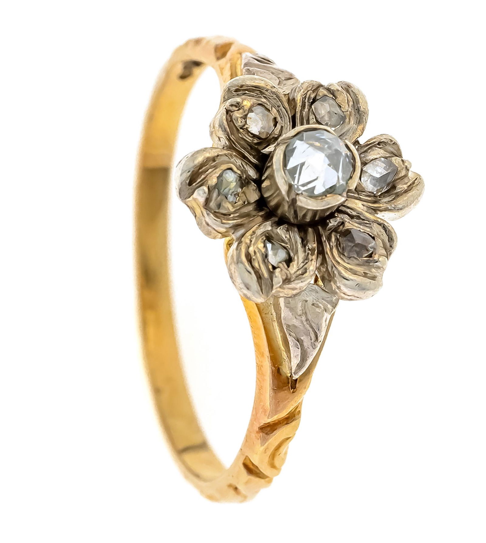 Diamond rose ring GG 585/000 and silver 925/000 unstamped, tested, with 7 diamond roses 1 by 3 mm (1 of 1)