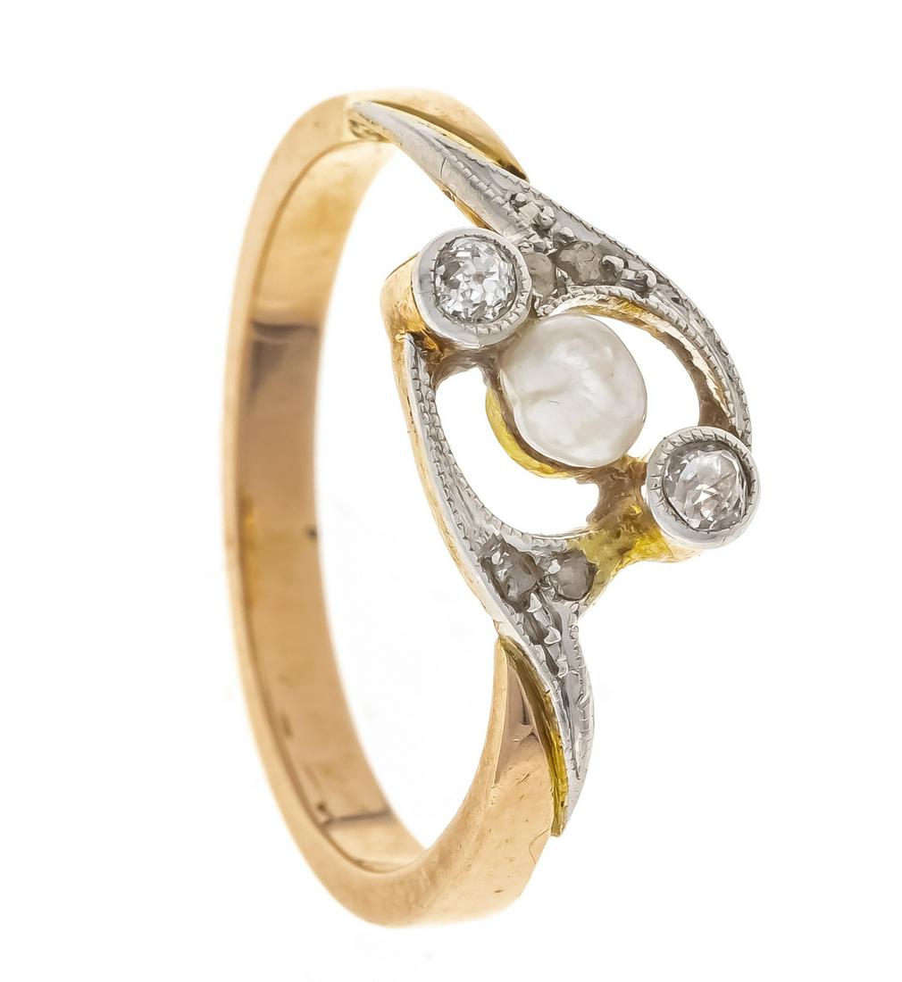 Art nouveau river pearl old cut diamond ring RG/WG 585/000 with one river pearl 3,5 mm, old cut (1 of 1)