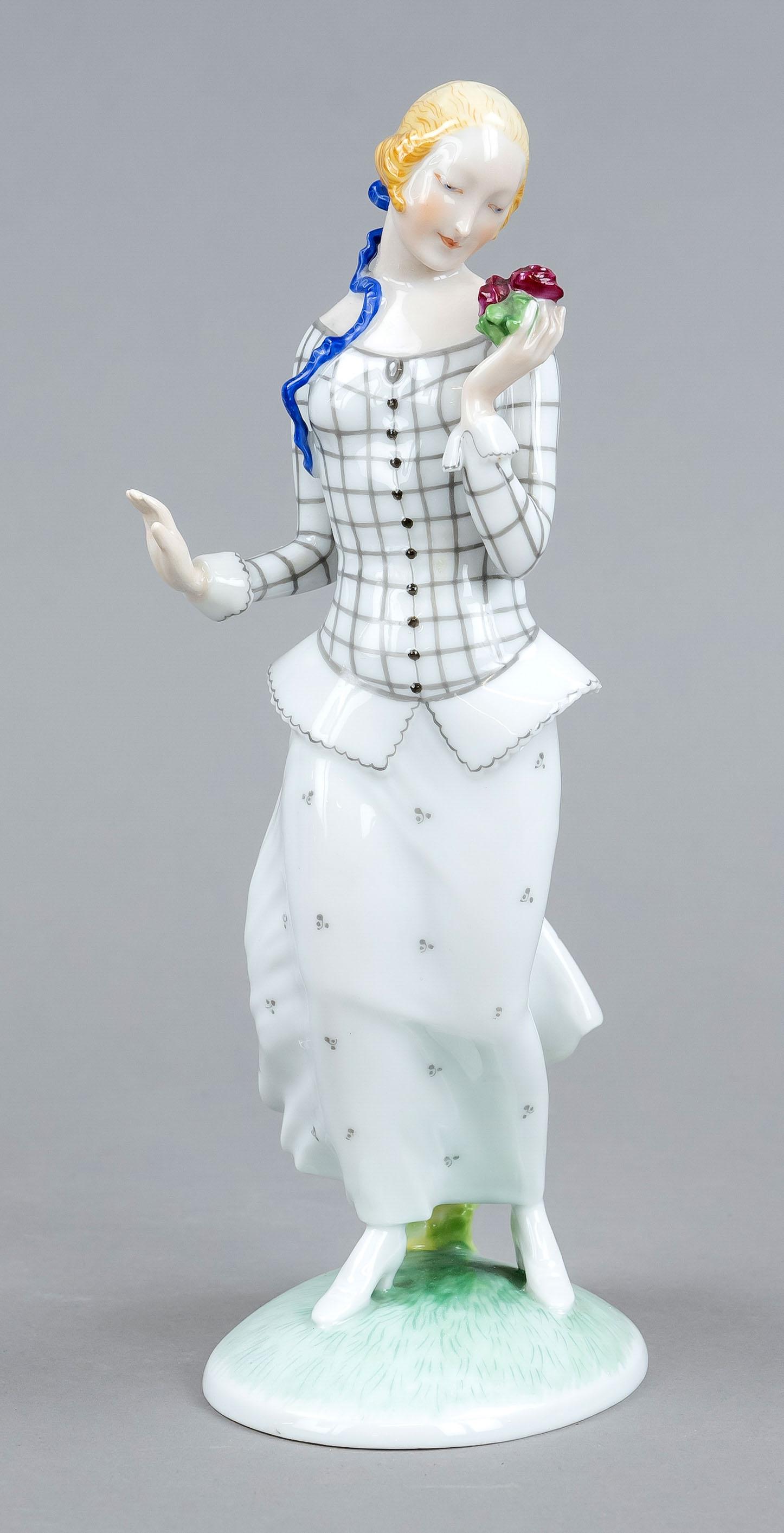 The first roses, Vienna, Augarte: The first roses, Vienna, Augarten, 20th century, designed by Ida Schwetz-Lehmann in 1937, striding girl on oval stand, polychrome painted, model no. 1511, h. 22 cm, lit.: Neuwirth, Wiener Keramik, Bra