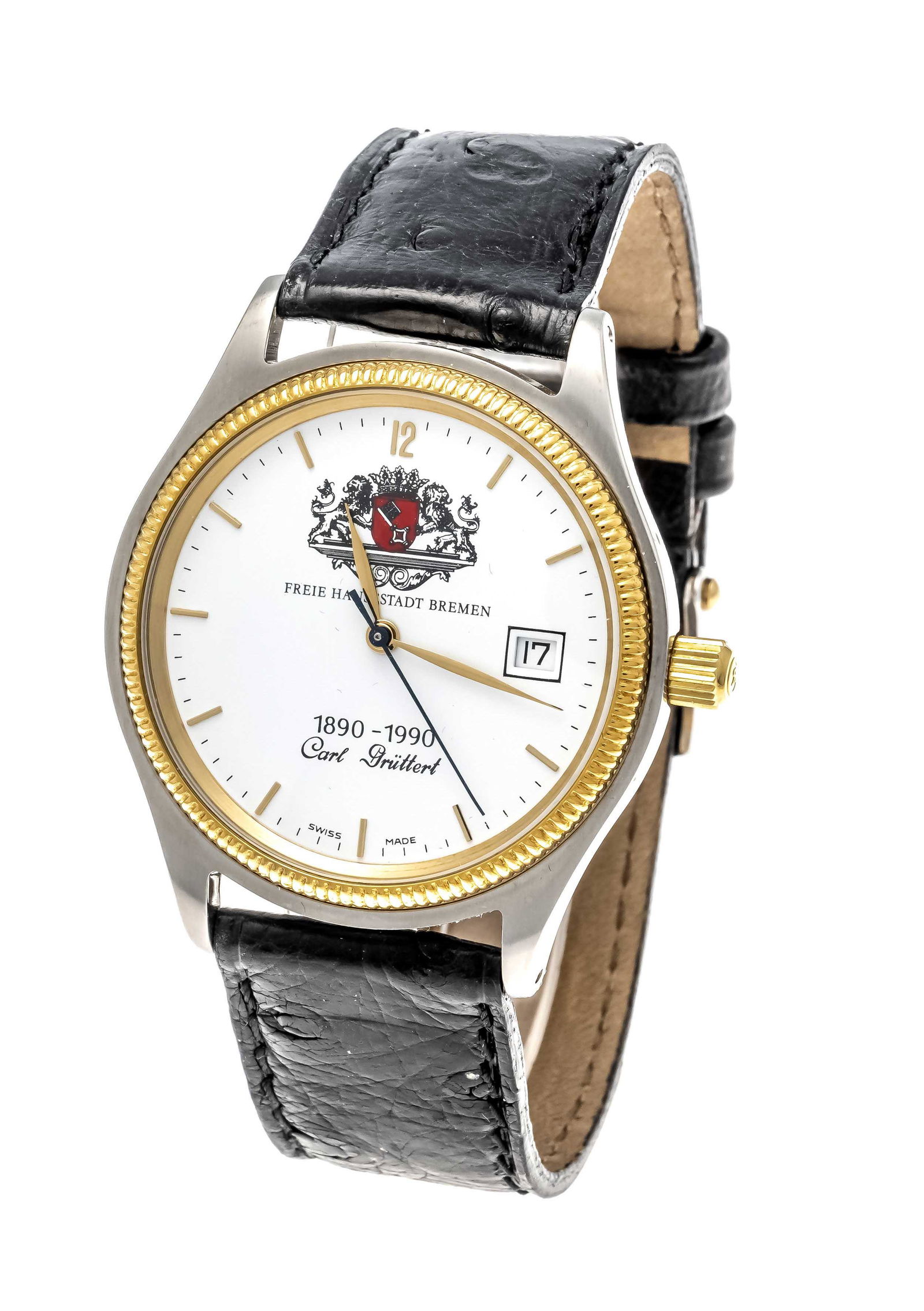 Chronoswiss anniversary watch Ref. G2814, for 100 years Juwelier GrÃ¼ttert - free hanseatic city of: Chronoswiss JubilÃ¤umsuhr Ref. G2814, fÃ¼r 100 Jahre Juwelier GrÃ¼ttert - freie Hansestadt Bremen, limited Edition 77/100, Stahl/ vergoldete LÃ¼nette und Krone, weiÃŸes Zifferblatt mit Breme