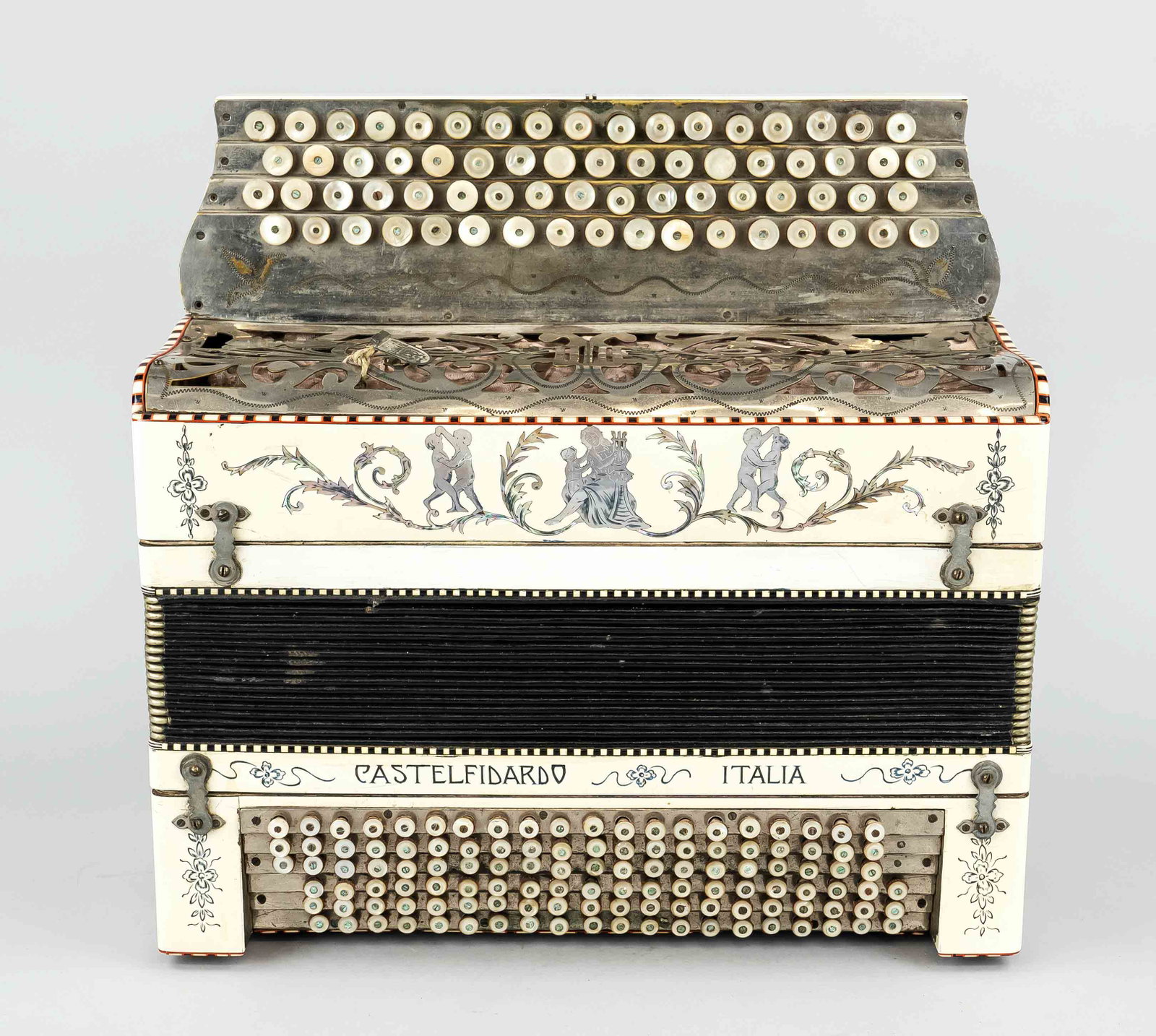 Accordion, Italy, 1st H-20th c., on the instrument marked ''Castelfidardo Italia''. Wooden body with: Accordion, Italy, 1st H-20th c., on the instrument marked ''Castelfidardo Italia''. Wooden body with chromed parts, ornamental mother-of-pearl inlays and cut decorations. Mother-of-pearl keys. Shoulde
