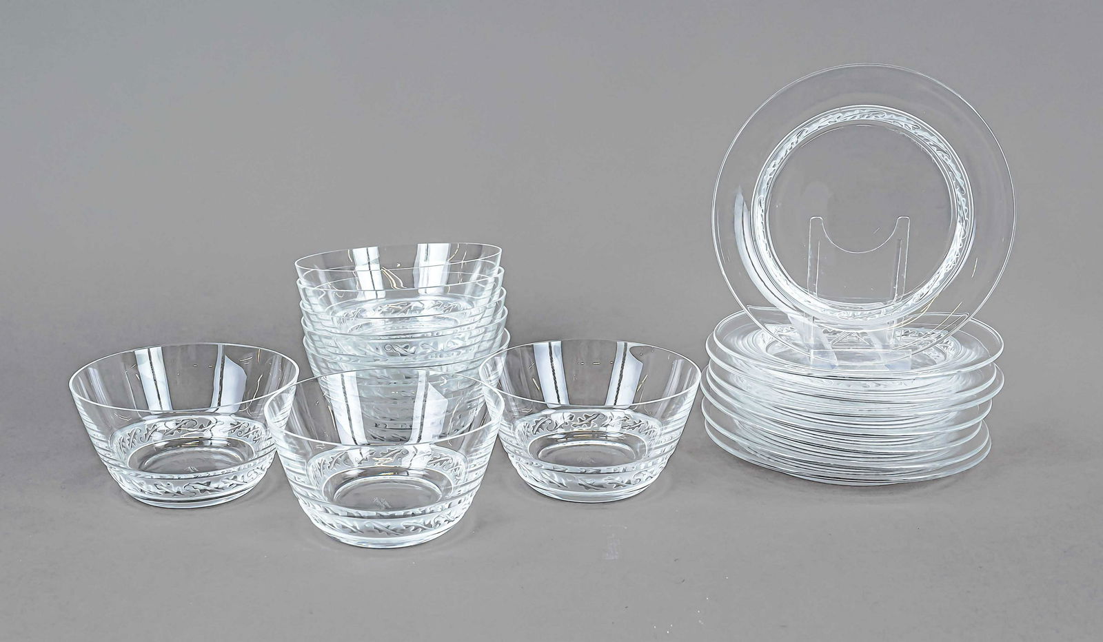 Eight dessert bowls and eight plates, France, 2nd half of 20th century, Lalique, clear glass, partly (1 of 1)