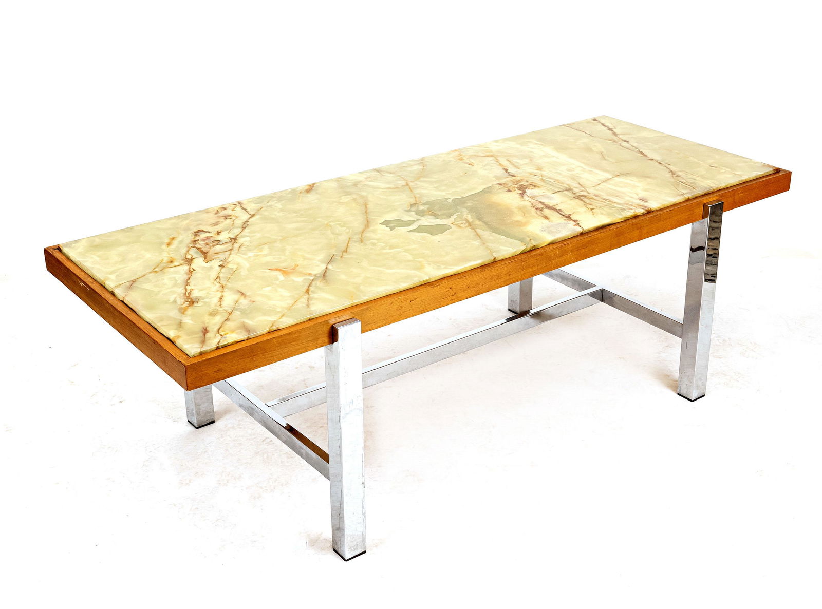 Onyx table (large coffee table), 1970s. Chromed frame, onyx top framed by light wood, 53 x 165 x: Onyx table (large coffee table), 1970s. Chromed frame, onyx top framed by light wood, 53 x 165 x 64 cm. Onyx Tisch (groÃŸer Couchtisch), 1970er Jahre. Verchromtes Gestell, von hellem Holz gerahmte O