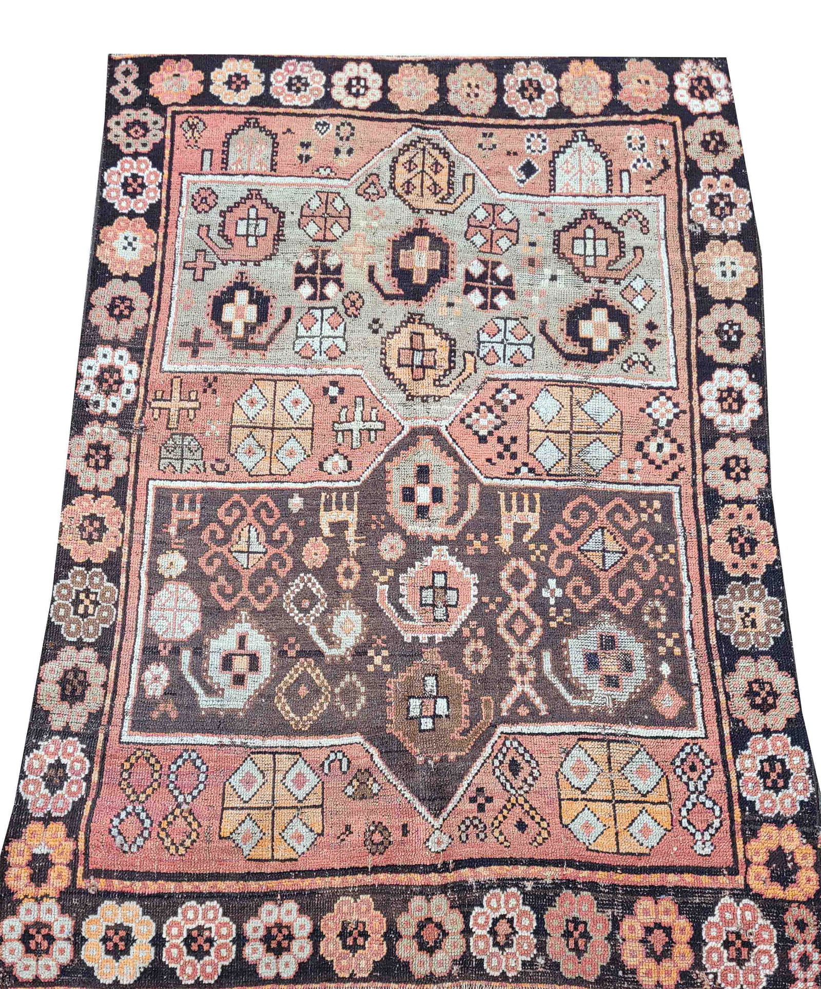 Carpet, Caucasus (Karabagh), low pile, worn areas, fringes short, small damages, 177 x 128 cm (1 of 1)