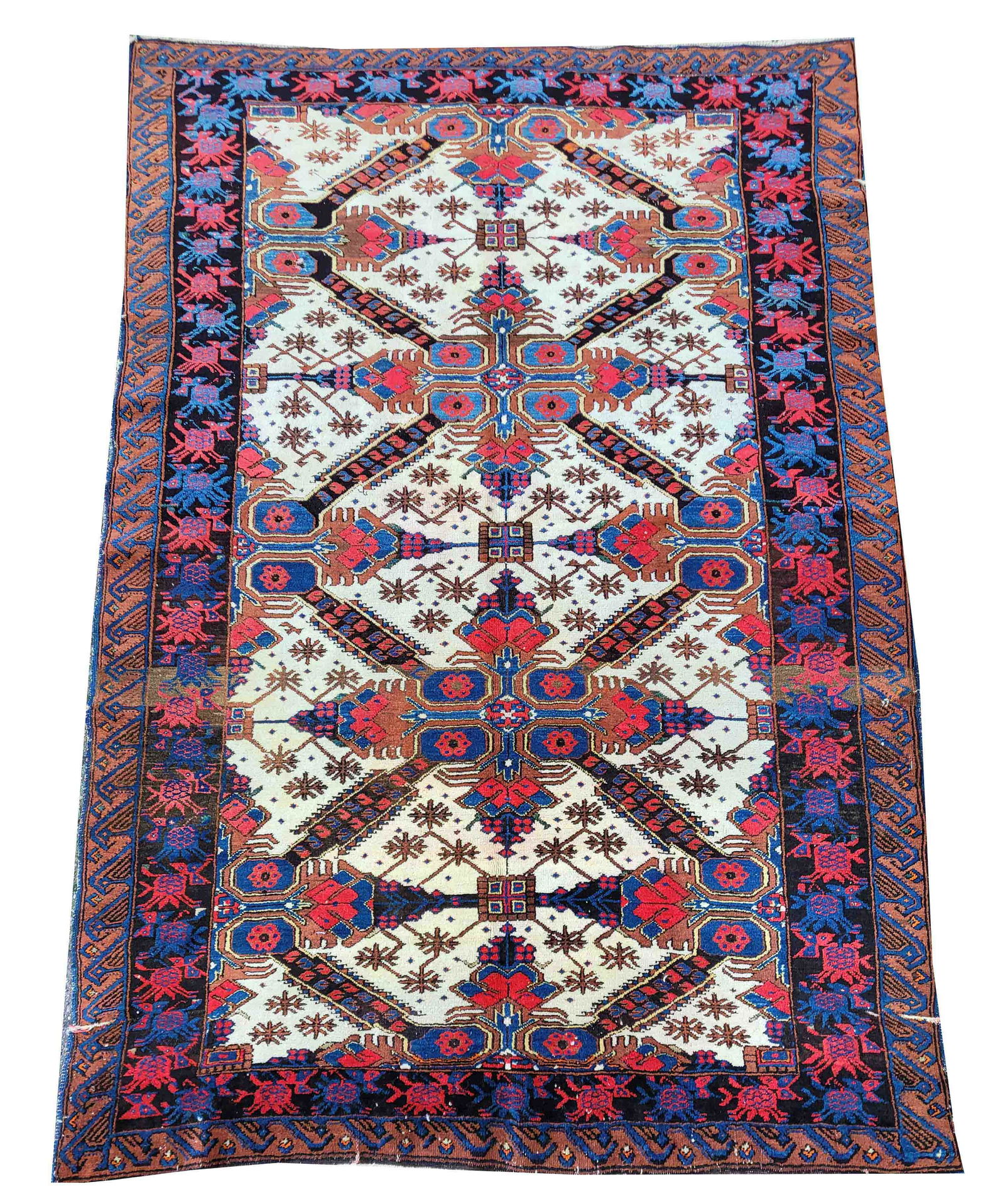 Carpet, Caucasus (Seychur), even pile, worn fringes and edges, corrosion on black color, 204 x 135 (1 of 1)