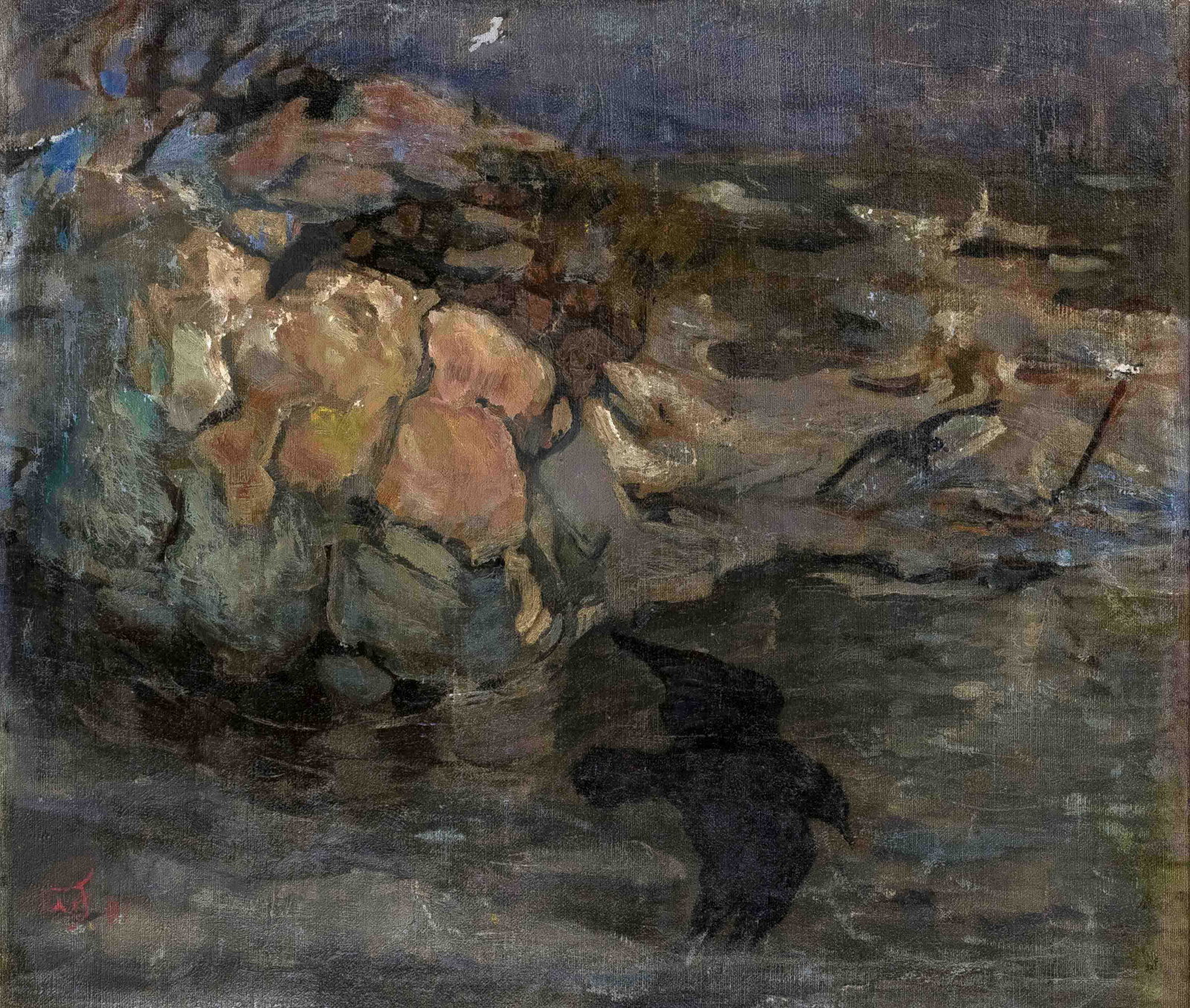 Focke, Wilhelm H. 1878 - Bremen - 1974. crow over the sea. 1901. oil/canvas on hardboard,: Focke, Wilhelm H. 1878 - Bremen - 1974. crow over the sea. 1901. oil/canvas on hardboard, monogrammed a. dated WF 01 lower left, 60 x 70,5 cm, framed 73 x 83 cm.- Ex-Collection Helmut HadrÃ© Focke, 