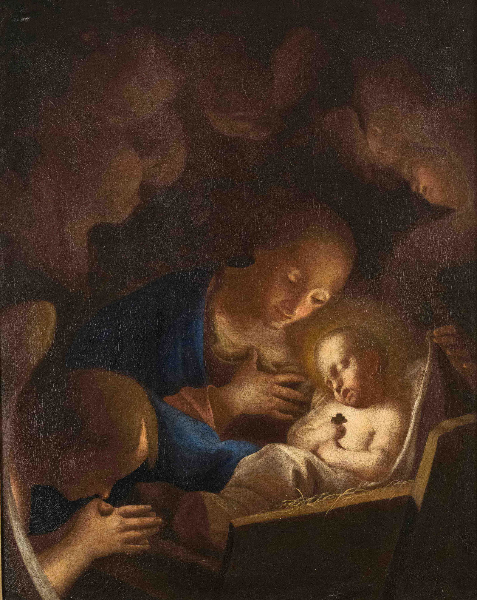 Anonymous sacral painter of the 18th century after Paul Troger (1698 Welsberg/Monguelfo - Vienna: Anonymous sacral painter of the 18th century after Paul Troger (1698 Welsberg/Monguelfo - Vienna 1762). Adoration of the child. The sleeping Christ child with a cross in his hands in a manger lined wi