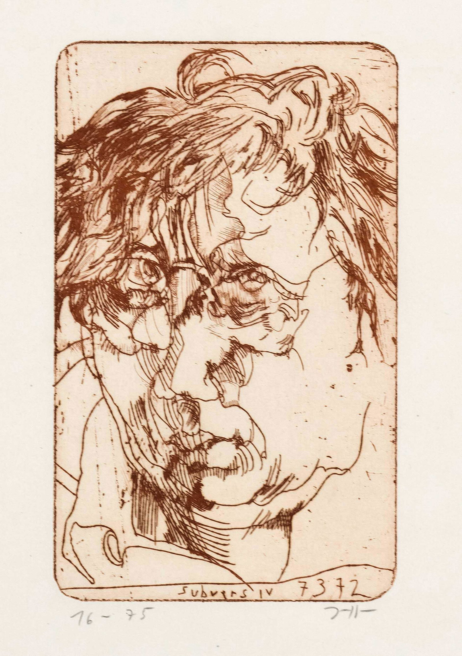 Janssen, Horst. 1929 - Hamburg - 1995. subversive IV (self-portrait). 1972. etching/thin paper,: Janssen, Horst. 1929 - Hamburg - 1995. subversive IV (self-portrait). 1972. etching/thin paper, monogrammed JH with blstft. lower right as well as numbered 16-75 lower left, titled u. dated Subversiv