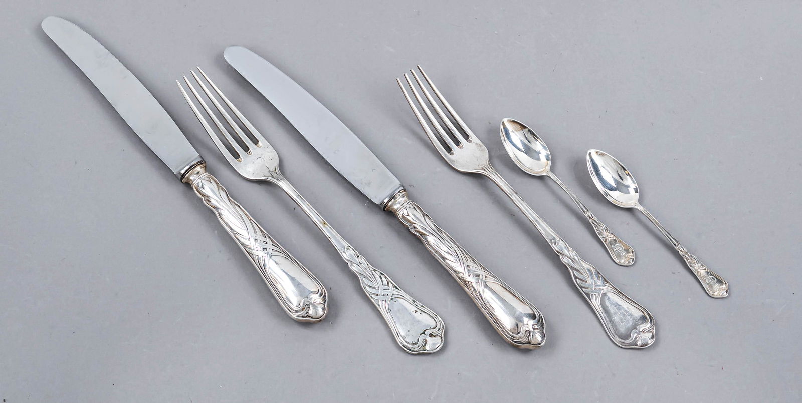 Art nouveau cutlery Autumn timeless for 6 persons. 18-piece set designed by Heinrich Vogeler (1872-: Art nouveau cutlery Autumn timeless for 6 persons. 18-piece set designed by Heinrich Vogeler (1872-1942) circa 1902, 20th c. Wilkens & SÃ¶hne Bremen, 800/000 silver, consisting of 6 forks, 6 knives