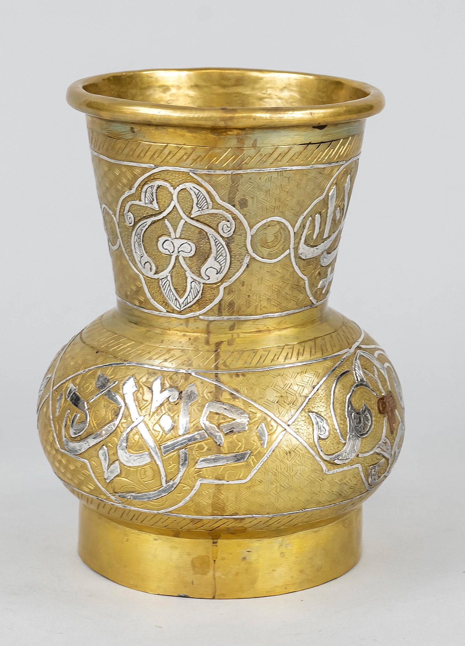 Historical Cairo vase, Egypt or Sudan, probably 19th century, chased brass with silver and copper: Historical Cairo vase, Egypt or Sudan, probably 19th century, chased brass with silver and copper inlays as well as hallmarking and engraving, h 14,5cm Historische Kairo-Vase, Ã„gypten oder Sudan, 