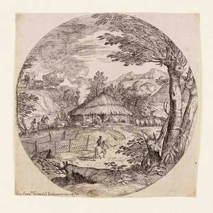 Giovanni Francesco Grimaldi (1606-1680), Landscape tondo with peasant homestead and country: Giovanni Francesco Grimaldi (1606-1680), Landscape tondo with peasant homestead and country people, etching on laid paper, signed in the plate at lower left, d. 19.2 cm Giovanni Francesco Grimaldi (16