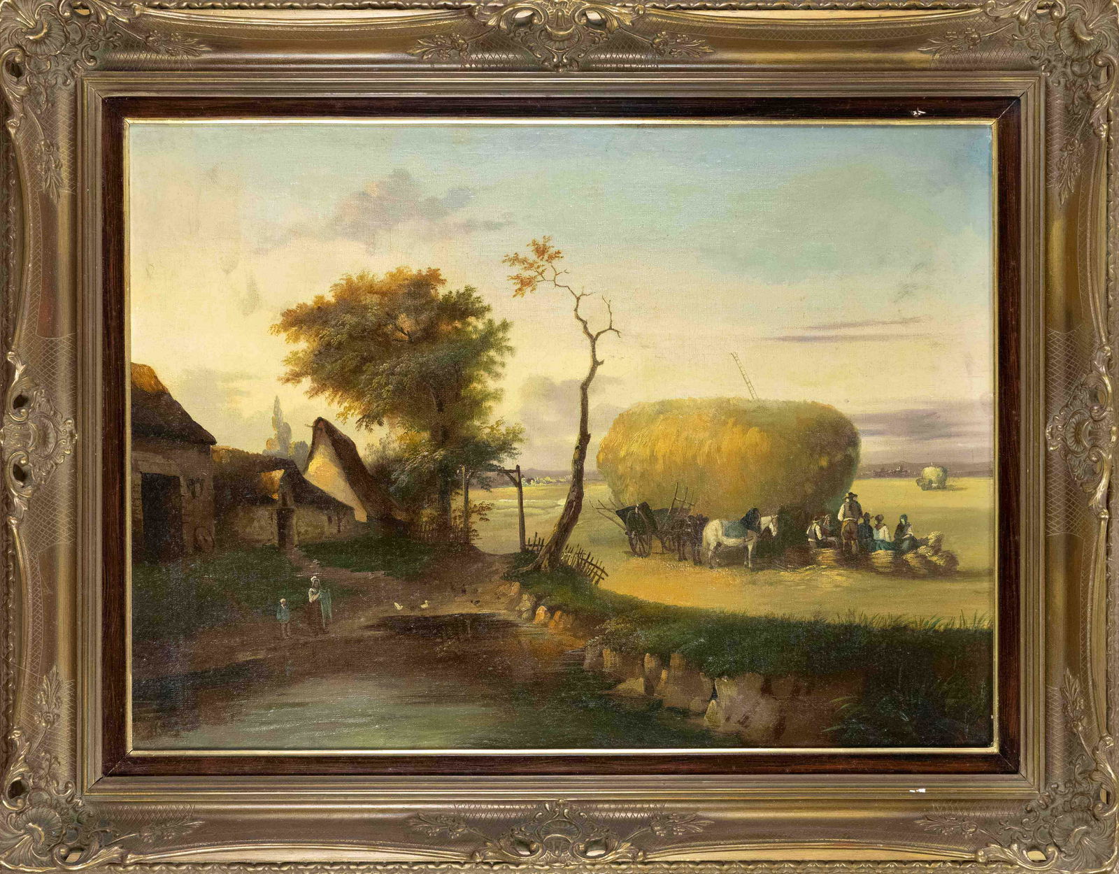 signed AFlaman, 19th century, Landscape in the evening light with resting peasant family after the (1 of 1)