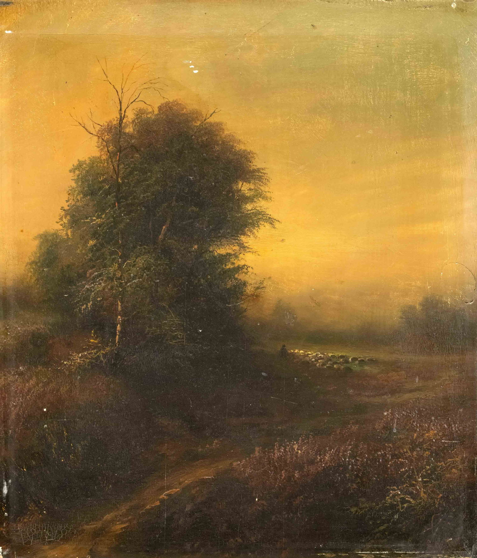 C. Gleiter, landscape painter around 1900, Evening mood over heath landscape with flock of sheep, (1 of 1)