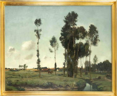 Charles Lebon (1906-1957), Belgian painter, large tree-lined landscape with grazing horses, oil on: Charles Lebon (1906-1957), Belgian painter, large tree-lined landscape with grazing horses, oil on canvas, signed lower left, 80 x 100 cm, framed 90 x 110 cm Charles Lebon (1906-1957), belgischer Male