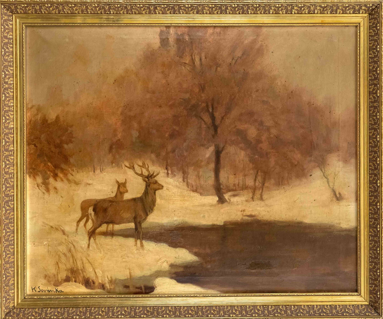 Karol Sovanka (1883-1961), Slovak animal painter, Deer in snowy woodland, oil on canvas, signed (1 of 1)