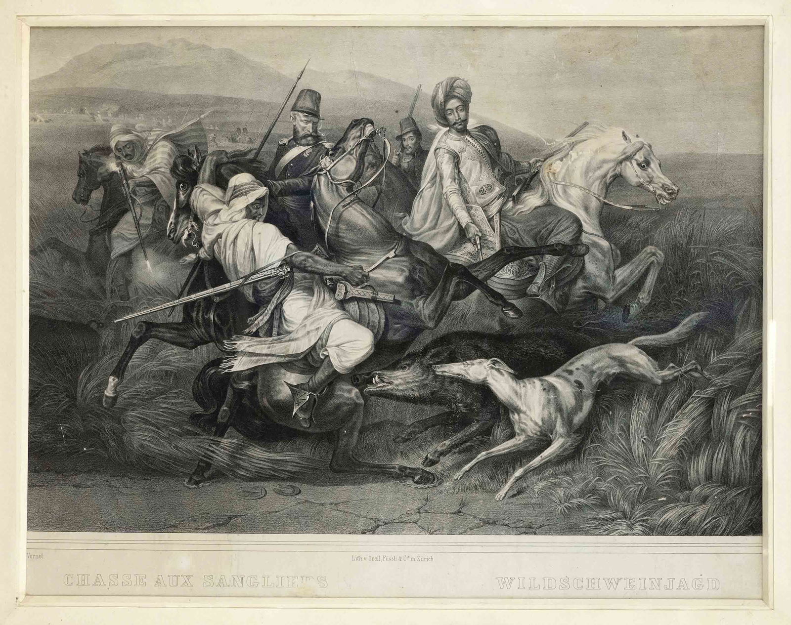 Carle Vernet (1758-1836), after, ''Wild Boar Hunt'', lithograph published by Orell, FÃ¼ssli et Cie (1 of 1)