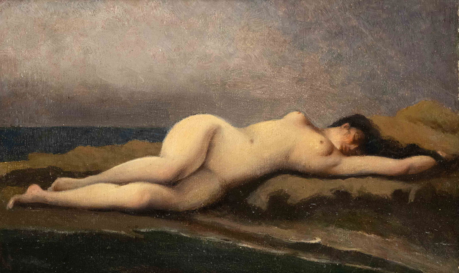 Unidentified artist c. 1900, reclining female nude by the sea, oil on cardboard over wood panel,: Unidentified artist c. 1900, reclining female nude by the sea, oil on cardboard over wood panel, indistinctly signed lower left, 30 x 50 cm, framed 38 x 58 cm Unidentifizierter KÃ¼nstler um 1900, li