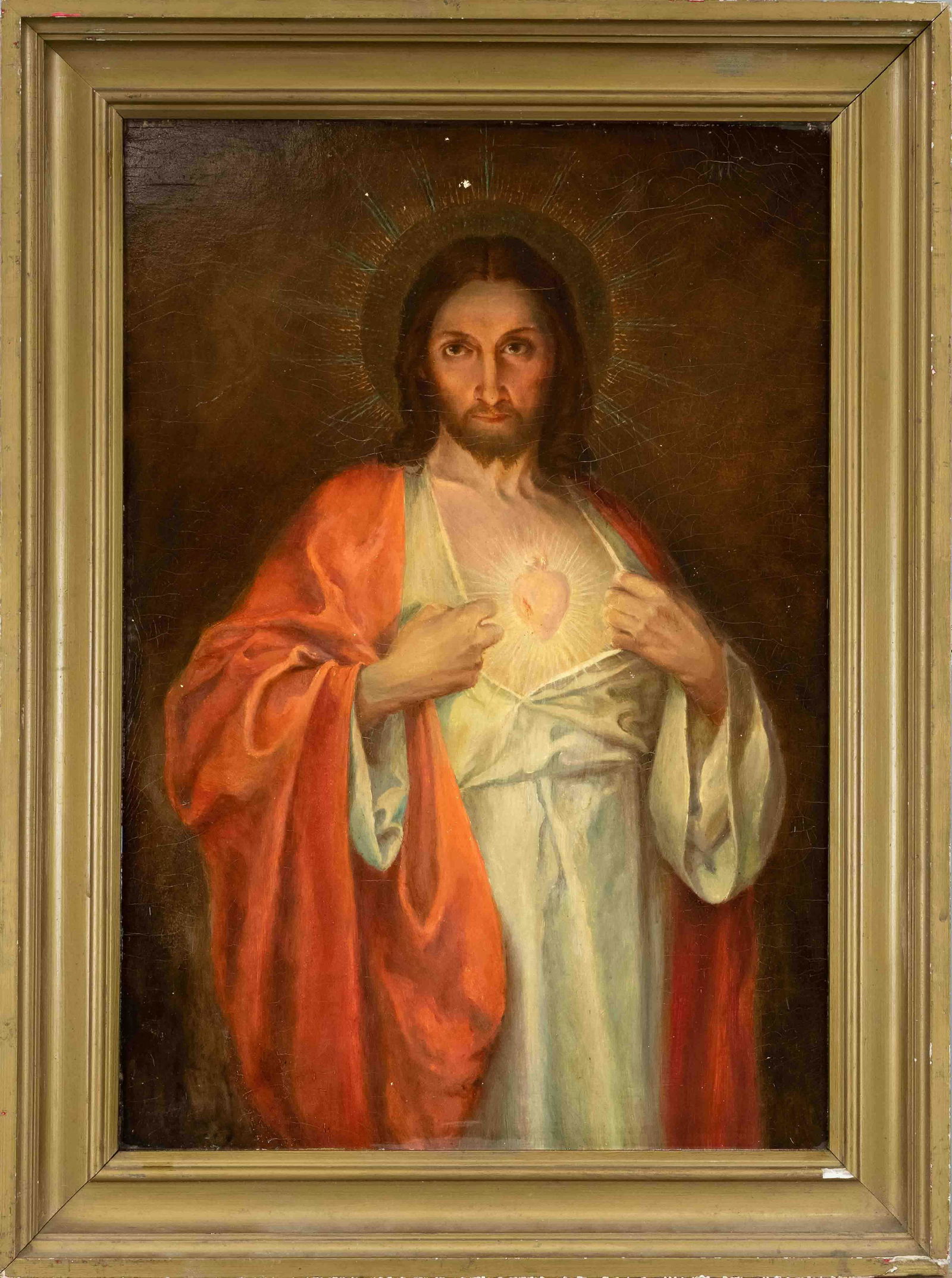E. Formes, 19th c., devotional picture of Christ with sacred heart, oil on wood, signed lower (1 of 1)
