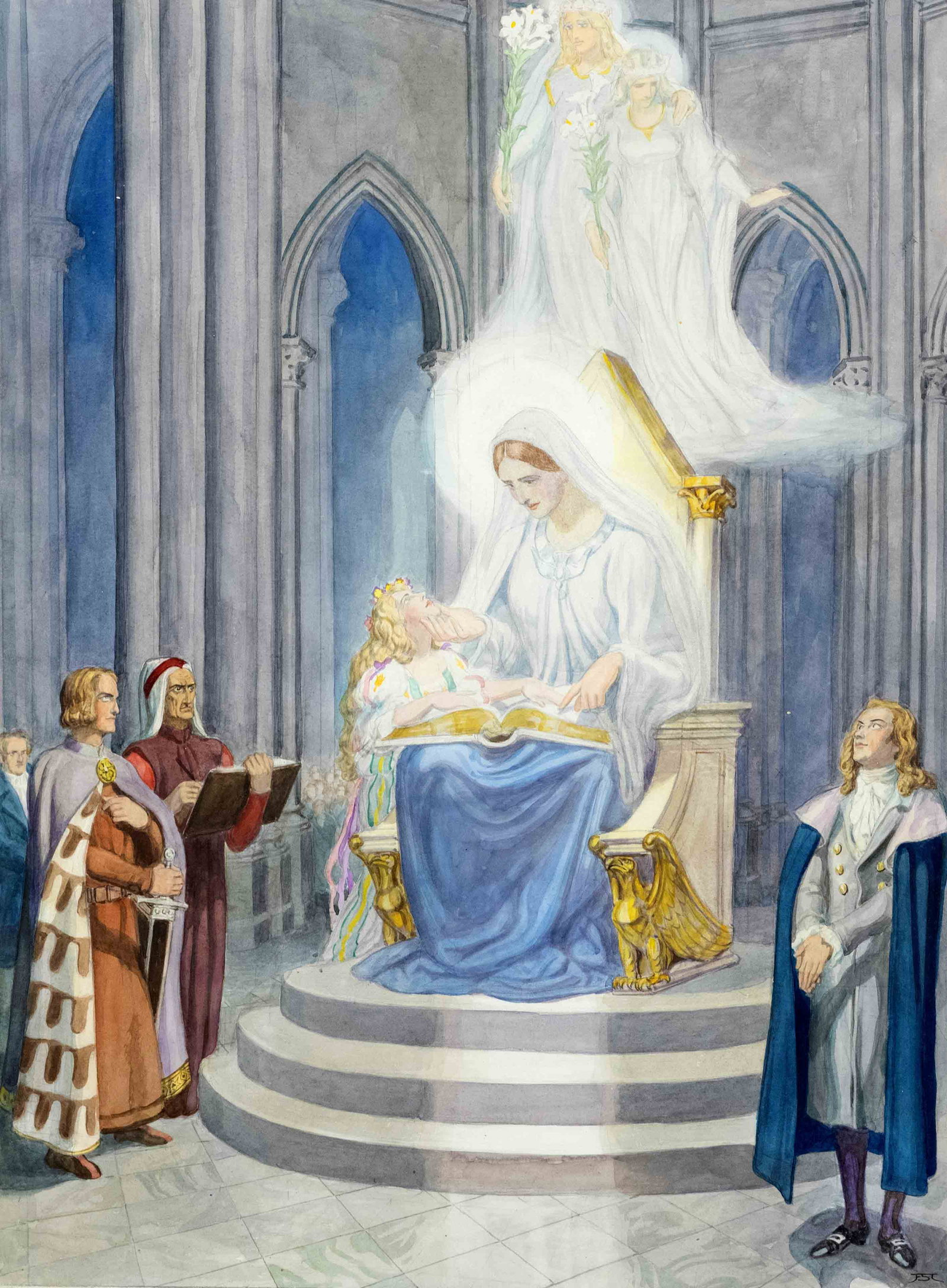 Franz Stassen (1869-1949), enthroned Mary with entourage, watercolor on paper, monogrammed ''FST'': Franz Stassen (1869-1949), enthroned Mary with entourage, watercolor on paper, monogrammed ''FST'' lower right, 64 x 48 cm, framed behind glass and passepartout 78 x 63 cm Franz Stassen (1869-1949), t