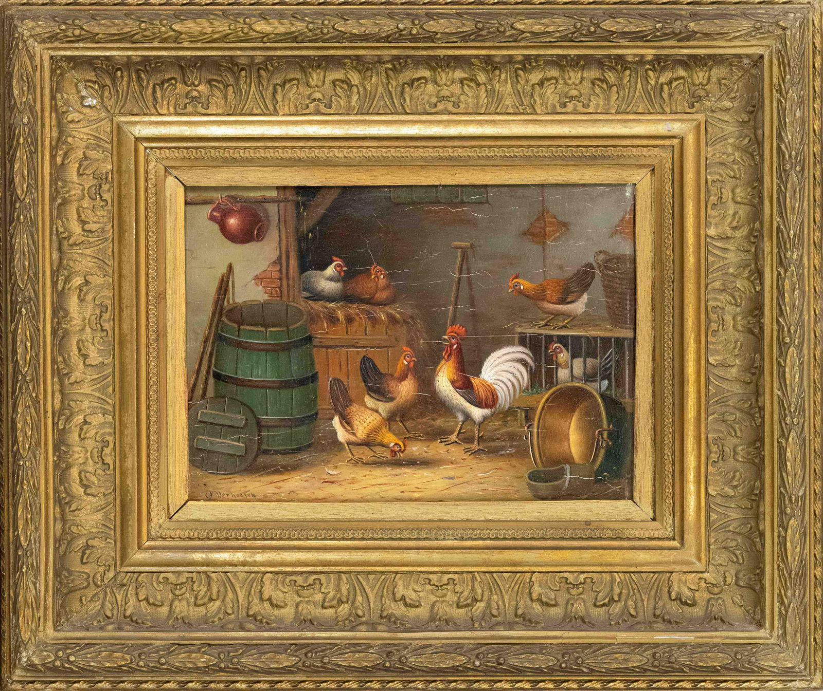 Albertus Verhoesen (1806-1881), Dutch animal and landscape painter. Chickens in a stable, oil on: Albertus Verhoesen (1806-1881), Dutch animal and landscape painter. Chickens in a stable, oil on wood, signed lower left, shrinkage cracks, 18 x 24 cm, framed 36 x 43 cm Albertus Verhoesen (1806-1881)