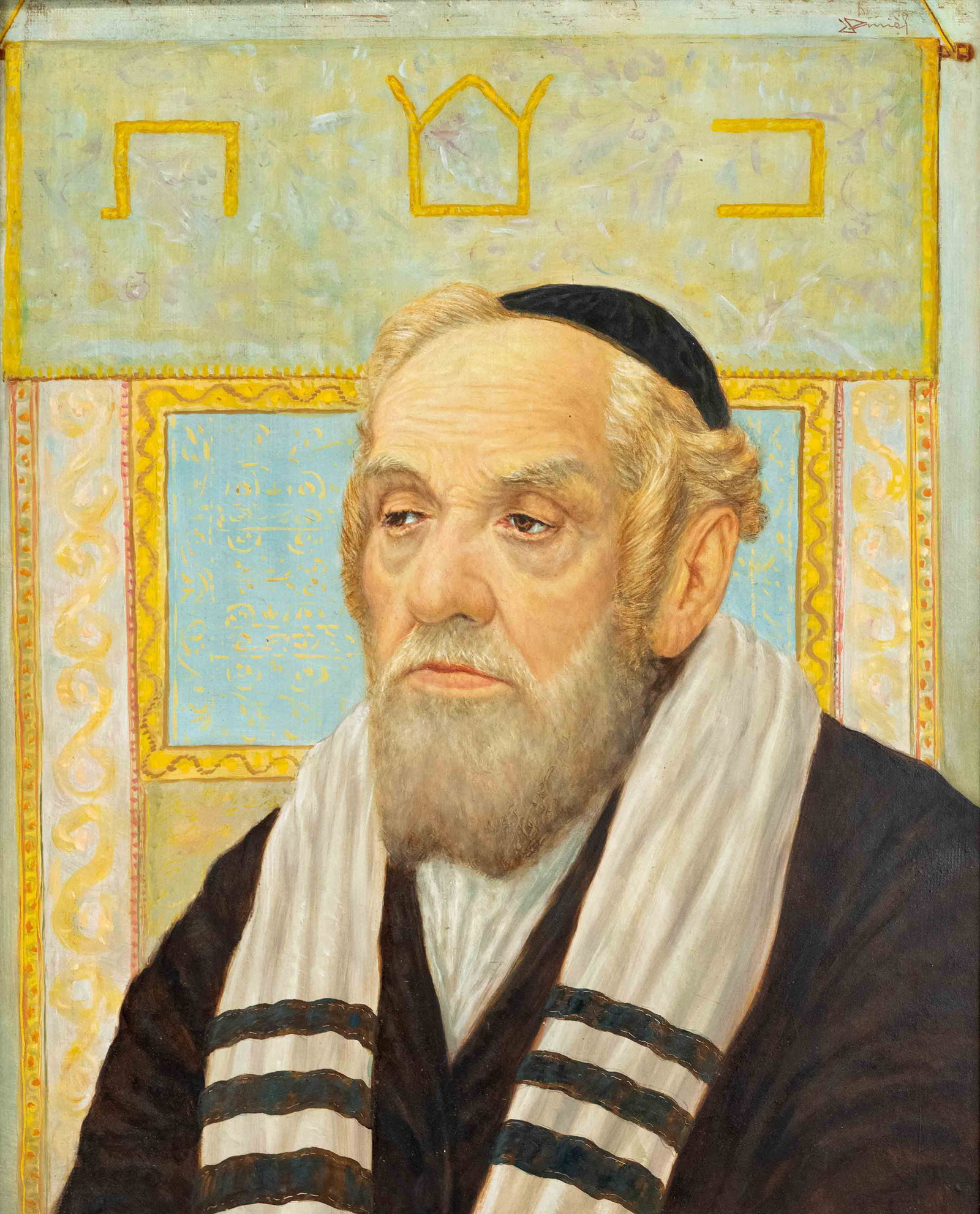 Unidentified 20th century painter, portrait of a Jew wearing a kippah in front of a tapestry, oil on: Unidentified 20th century painter, portrait of a Jew wearing a kippah in front of a tapestry, oil on hardboard, indistinctly signed upper right, 60 x 50 cm, framed 69 x 58 cm Unidentifizierter Maler d