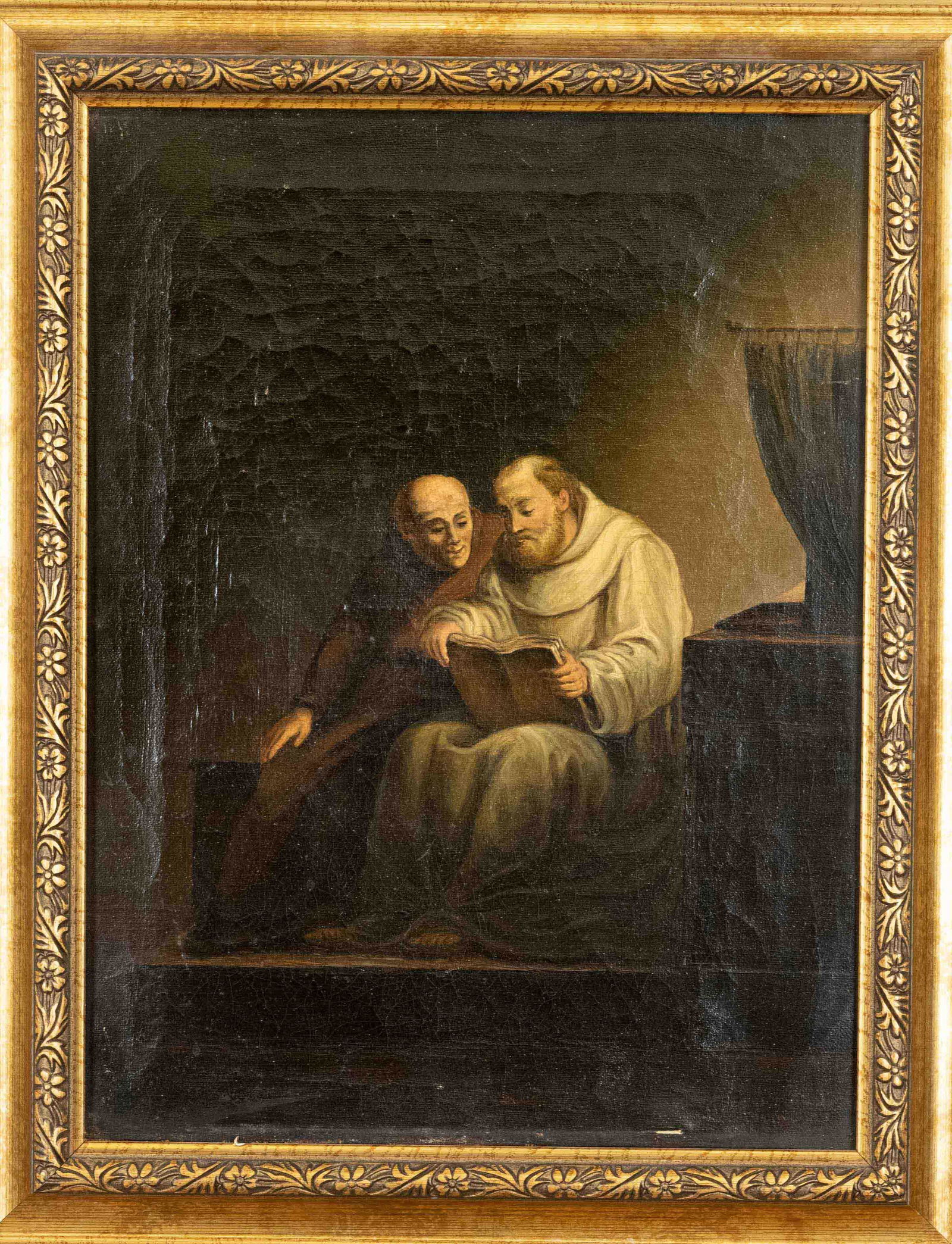 Anonymous painter of the 19th century, two monks reading the Bible together, oil on canvas, (1 of 1)