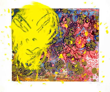 Michael Buthe (1944-1994), ''Garden Blossoms II'', color serigraph hand-painted over with yellow: Michael Buthe (1944-1994), ''Garden Blossoms II'', color serigraph hand-painted over with yellow paint, signed and dated lower right 1993, and number 13/50, sheet dimensions 80 x 67 cm Michael Buthe (