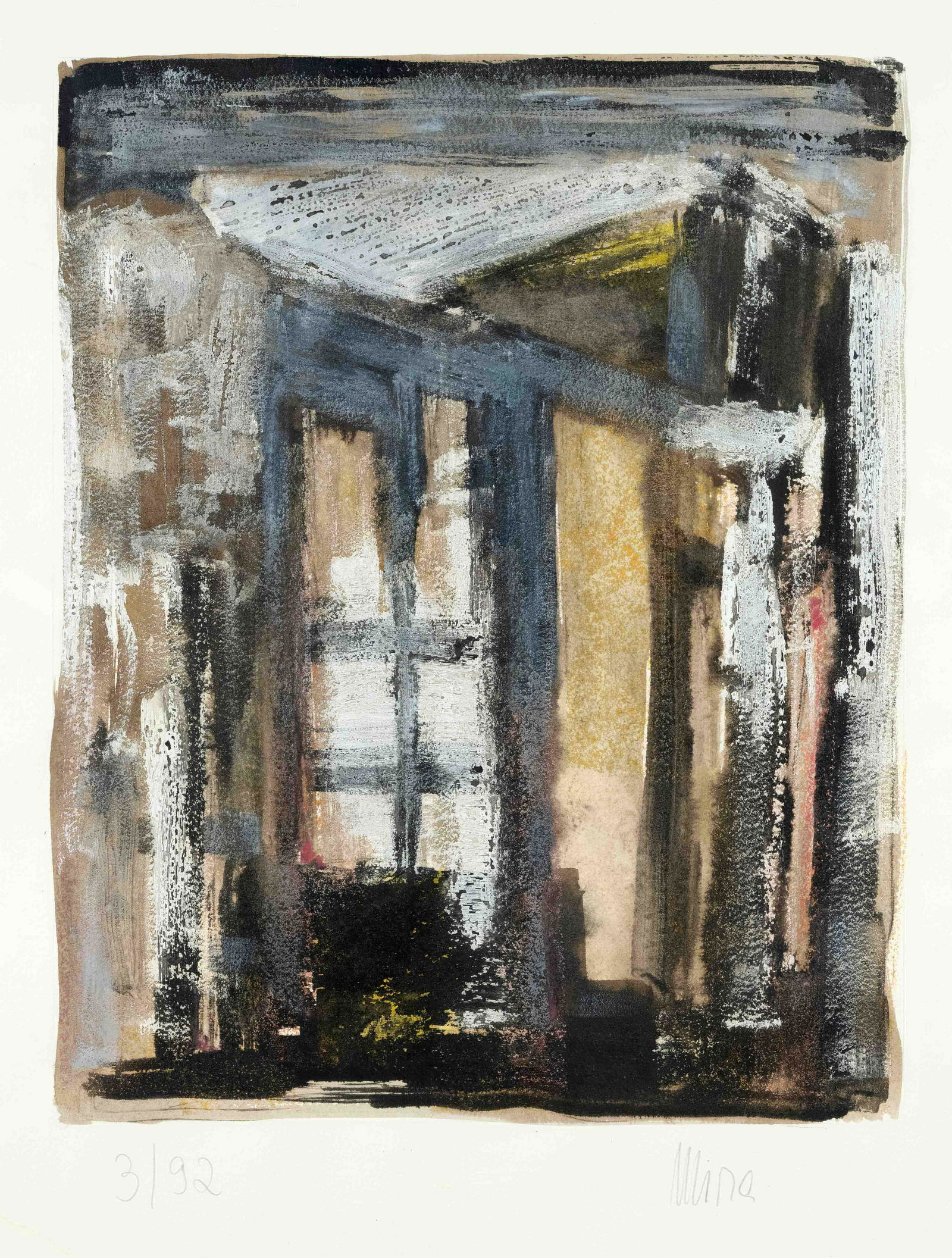 Victor Mira (1949-2003), Spanish painter, composition with window cross, mixed media on paper, (1 of 1)