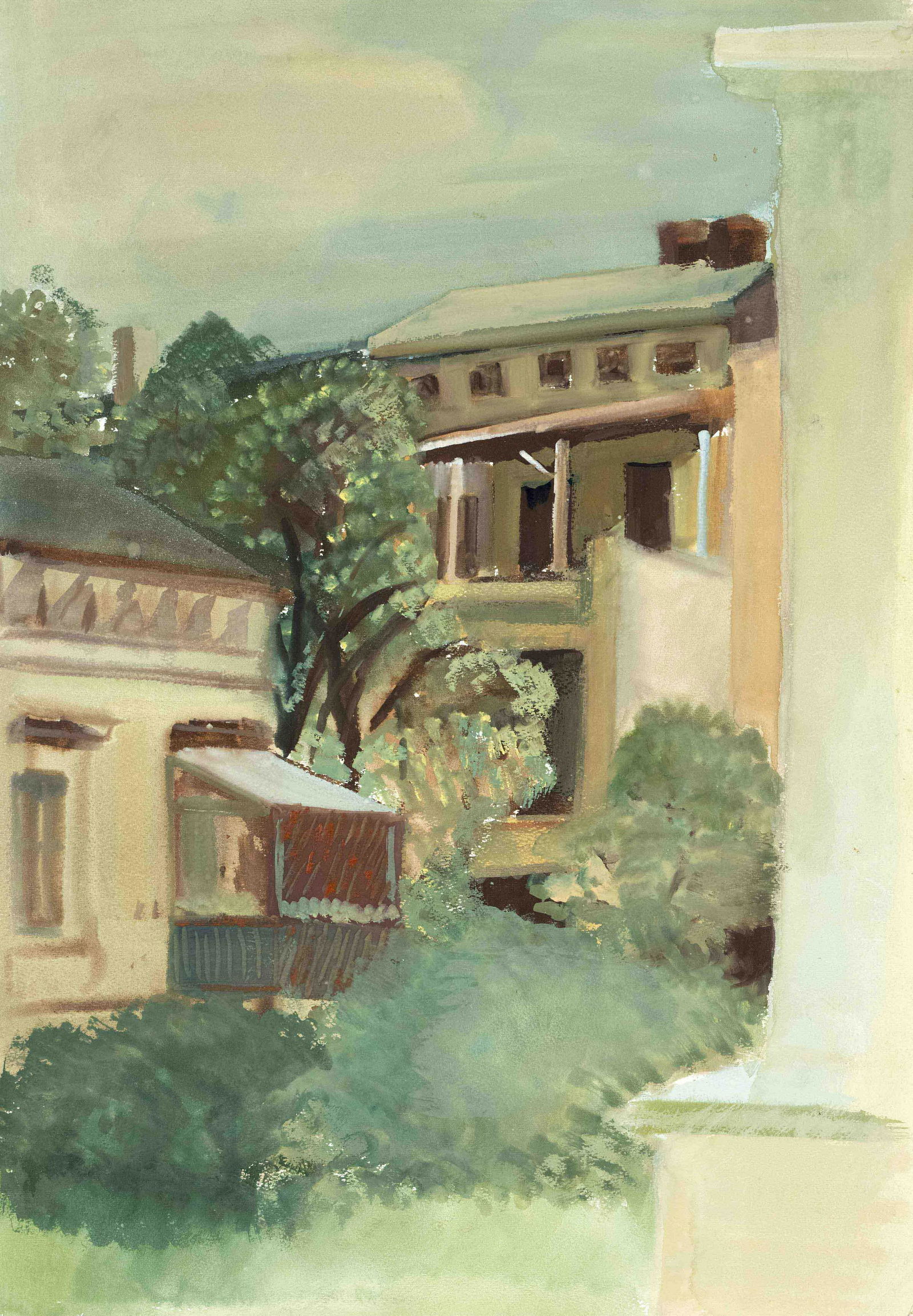 Unidentified painter from the circle of Hans Purrmann (1880-1966), Berlin backyard with a view of: Unidentified painter from the circle of Hans Purrmann (1880-1966), Berlin backyard with a view of Purrmann's studio in GenthinerstraÃŸe, 1930s, watercolor and gouache on paper, unsigned, inscribed o