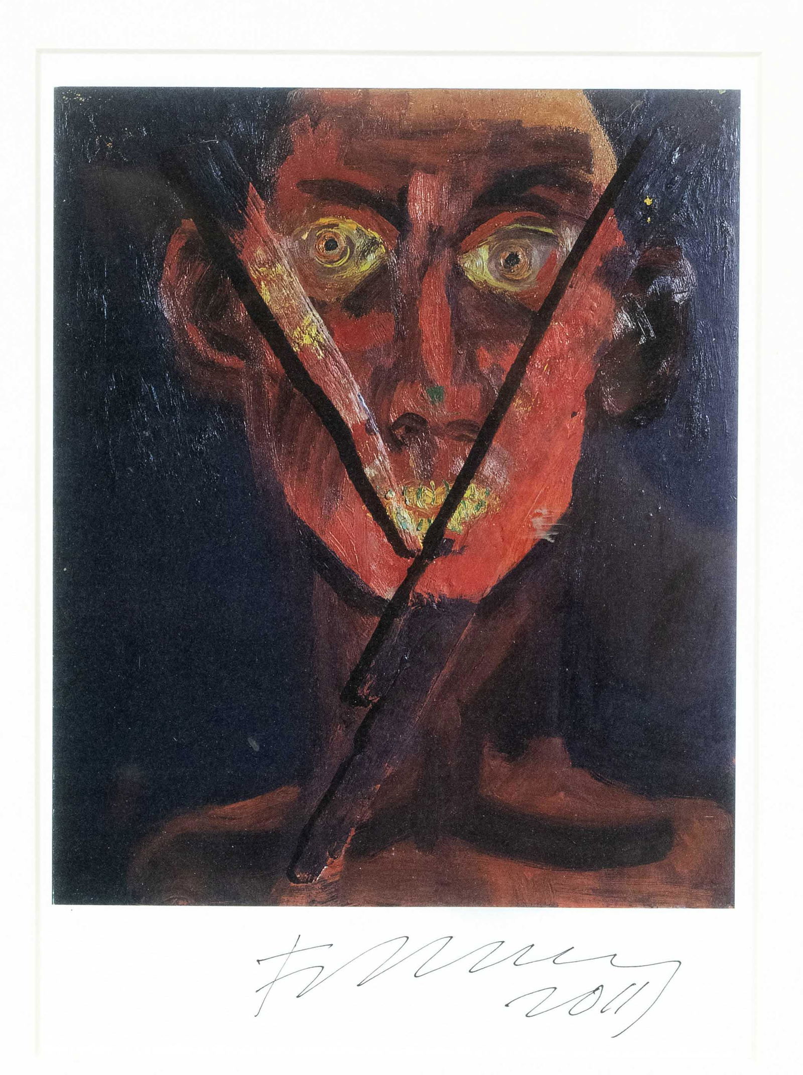 Rainer Fetting (*1949), Self-portrait in red, color offset on wove paper (papier vÃ©lin), signed and: Rainer Fetting (*1949), Selbstbildnis in Rot, Farboffset auf Velin, am u. Rand handsign. u. dat. 2011, 21 x 17 cm, hinter Glas u. Pp. im Wechselrahmen 43 x 33 cm