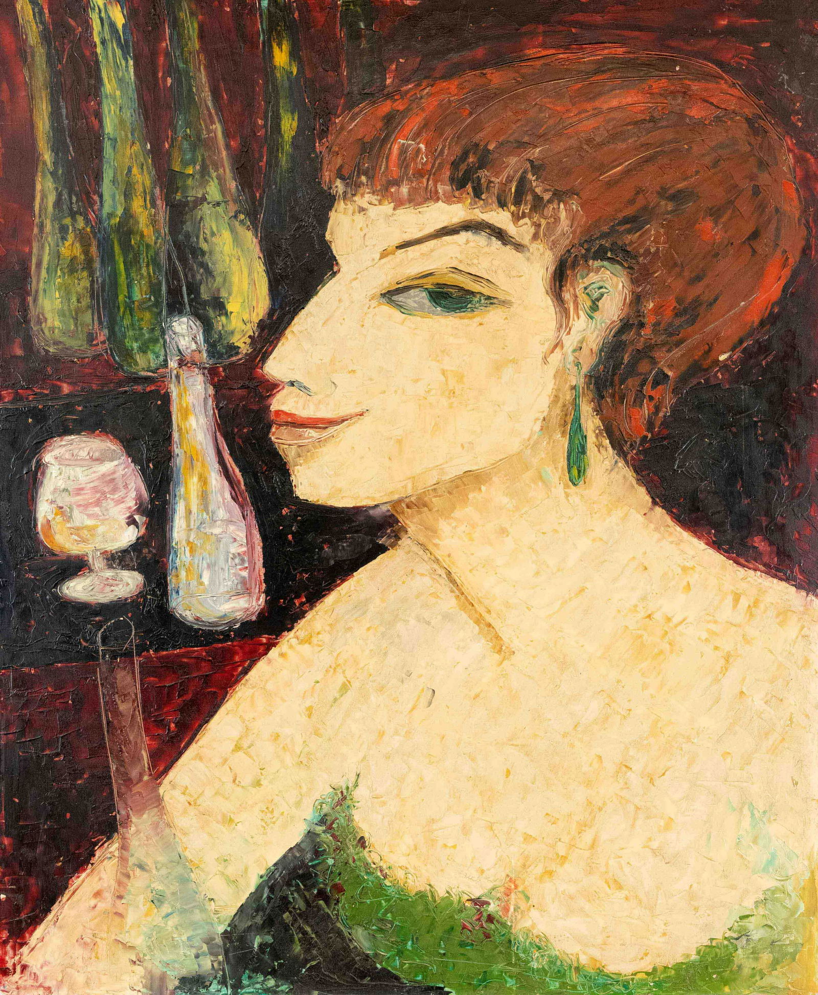 Wilhelm Julius Blume (1913-1987), painter from Wesel, lady with red hair and bottles, oil/hard fiber (1 of 1)