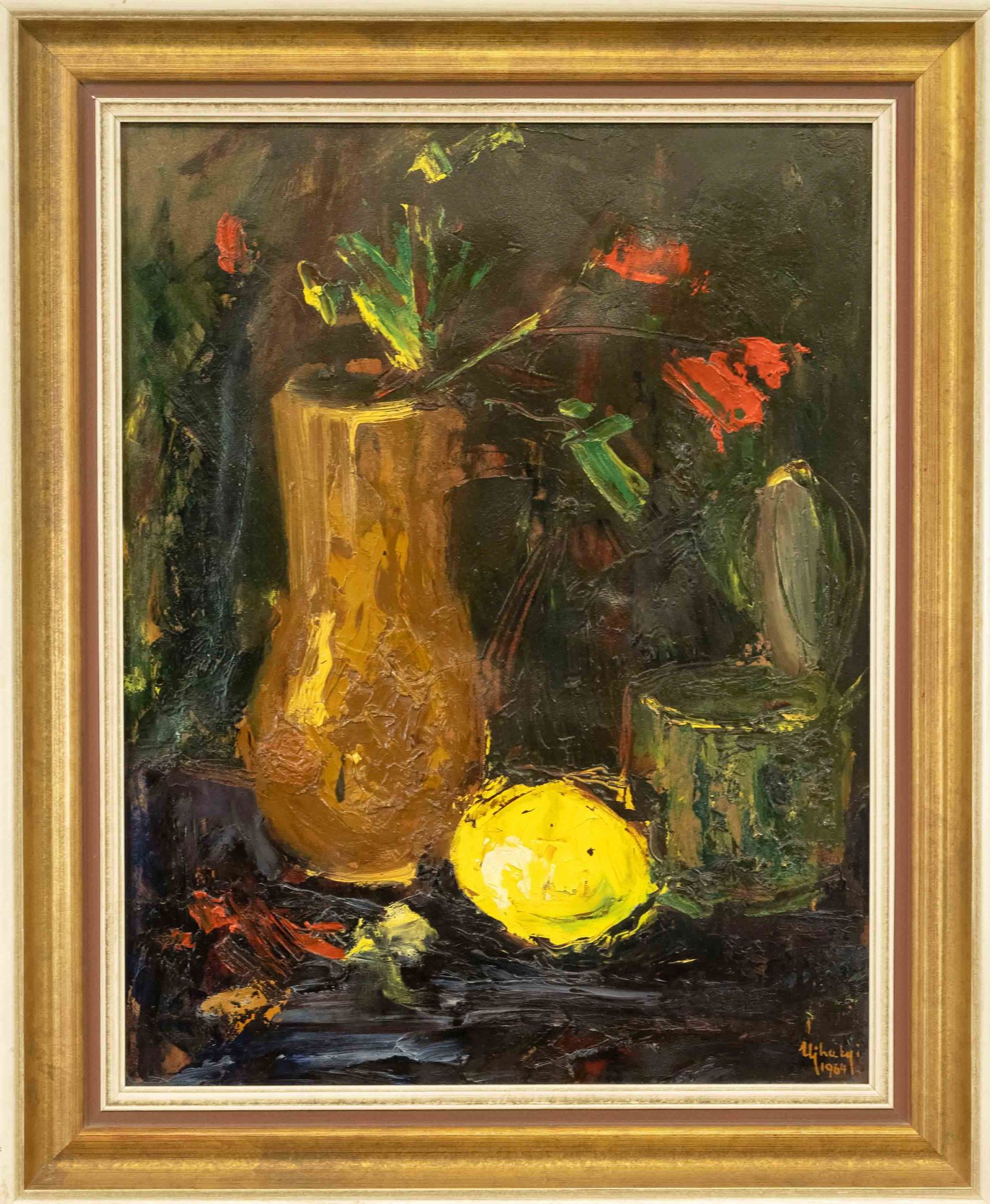 signed Ujhelyi, Hungarian artist c. 1960, abstract still life with lemon, oil on paper over (1 of 1)