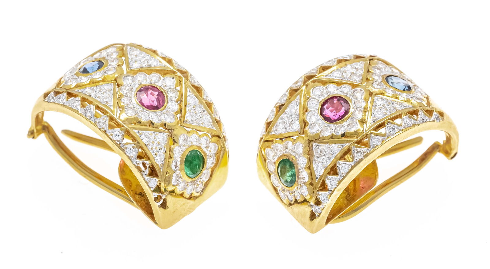 Emerald ruby sapphire diamond: Emerald ruby sapphire diamond clip earrings GG 750/000 each with 2 faceted ruby, sapphire, emerald in very good color and diamonds, total 1,50 ct TW/VS, w. 14 mm, l. 20 mm, 14,9 g