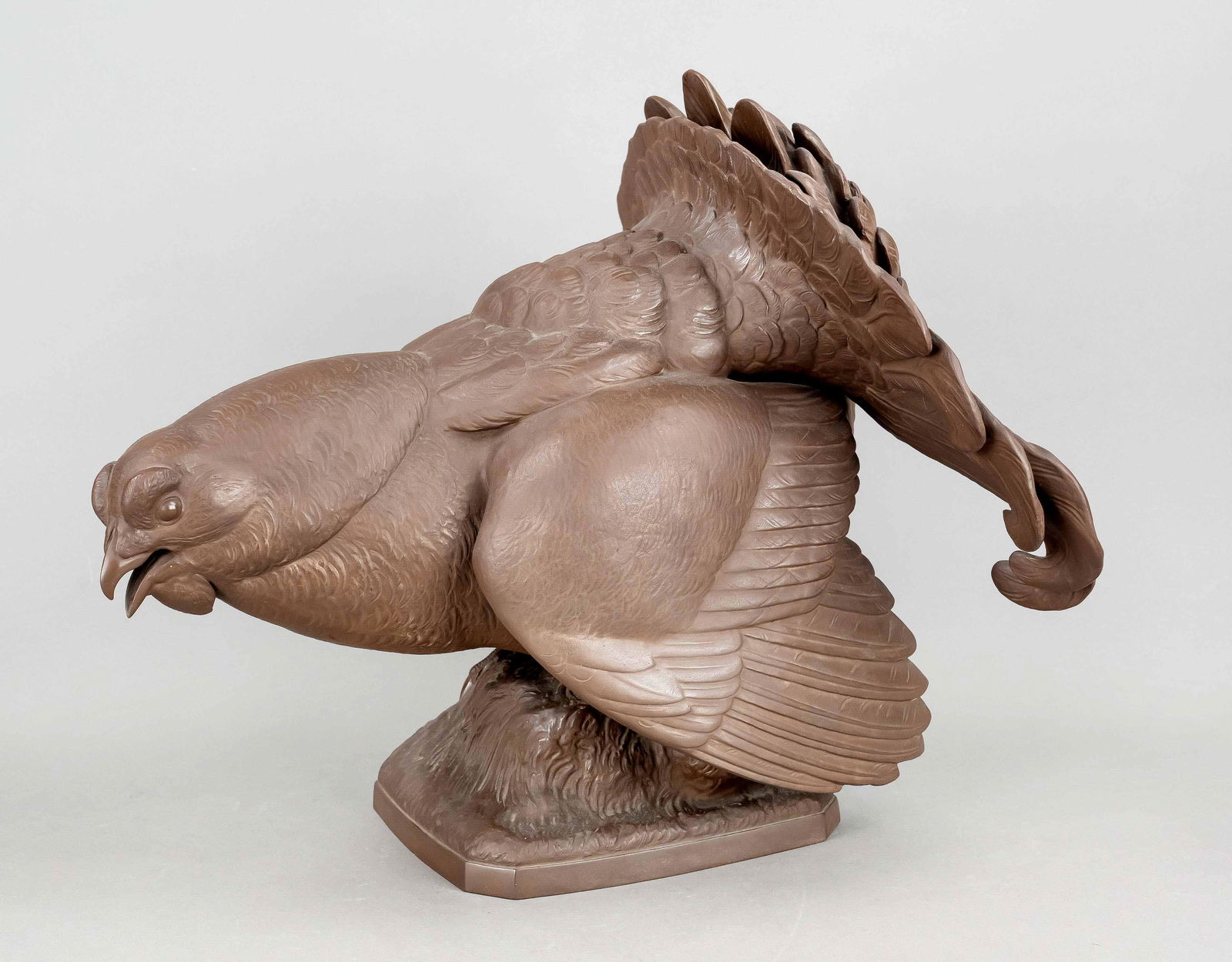 Black grouse, mating, Meissen,: Black grouse, mating, Meissen, mark after 1934, 1st choice, embossed mark BÃ¶ttgersteinzeug, designed by Erich Oehme (1889 Berthelsdorf-1970 Meissen) in 1938, signed and dated, model no. O 252, stan