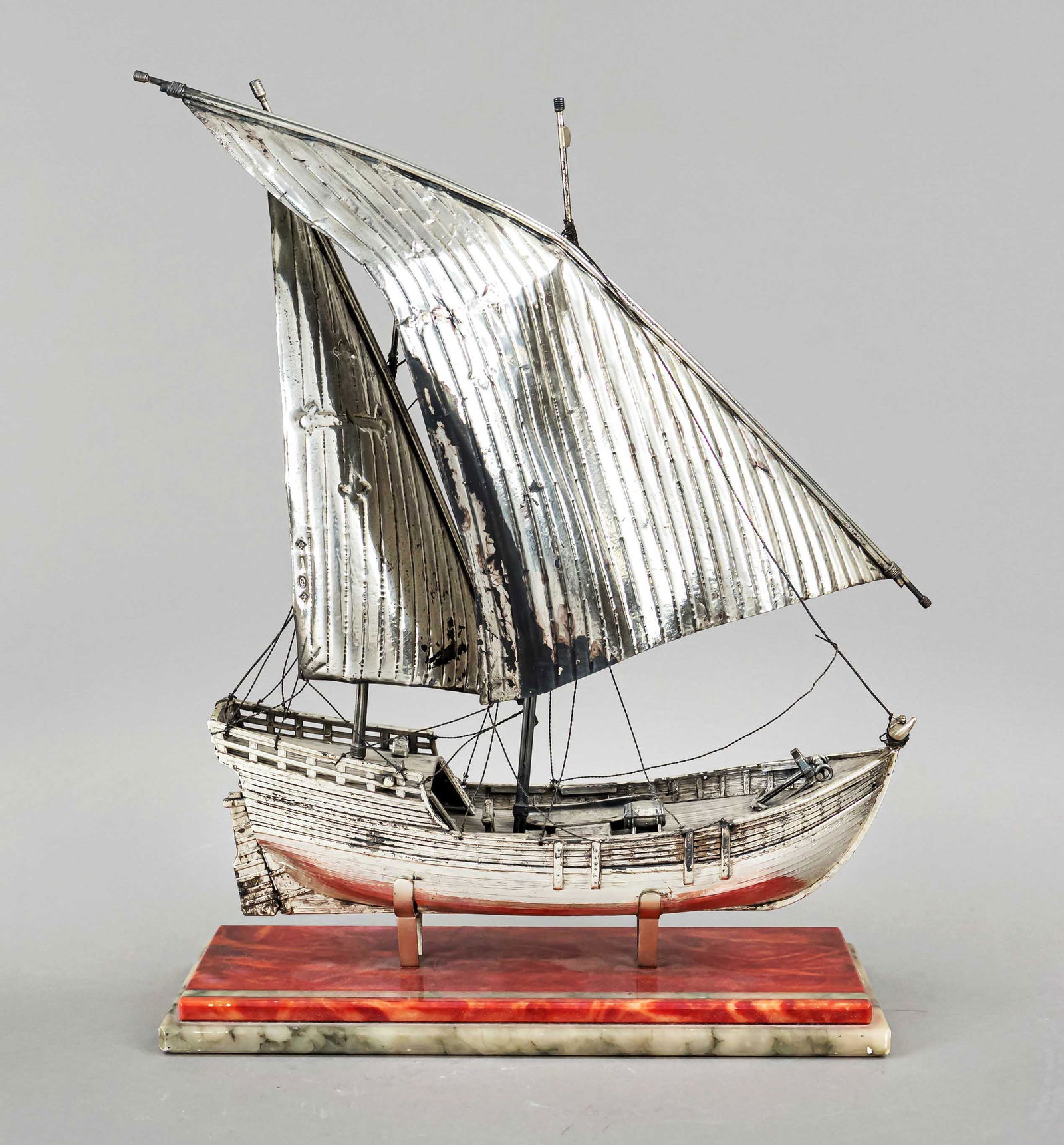 Miniature sailing ship, Italy,: Miniature sailing ship, Italy, 20th c., Florence, sterling silver 925/000, sails bent, on stone base, overall h. 31 cm