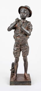 Adolphe Jean Lavergne (ca. 186: Adolphe Jean Lavergne (ca. 1863-1928), French sculptor, ''Le pecheur'', bronze sculpture of a young angler raising a lure, patinated bronze, signed in the square stand, fishing rod missing, rubbed, h.